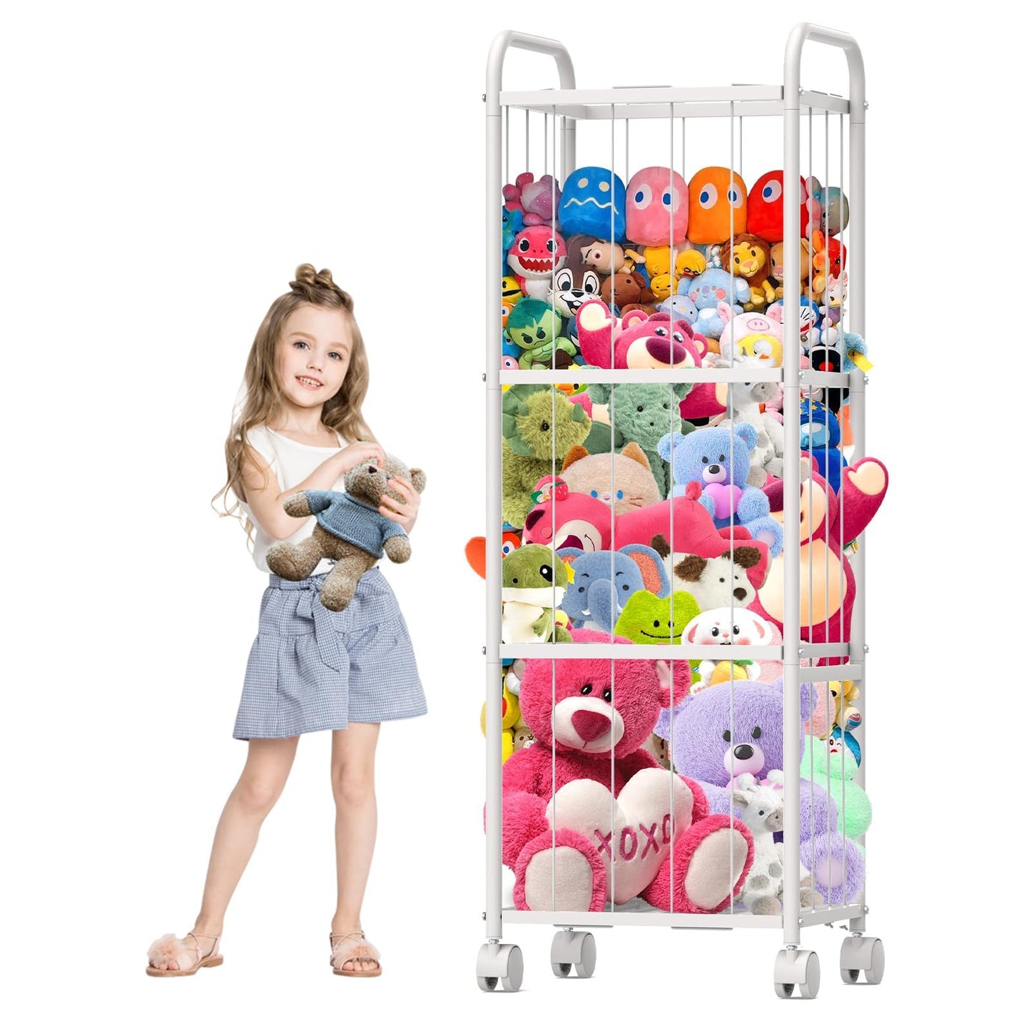 Stuffed Animal Storage with Brake Wheels,Metal Tube Toy Storage Organizer Extra Large Stuffed Animal Holder, Stuffed Animal Zoo Organizer for Nursery Playroom Kids Room White(53.5” x 18.1”x 13”)