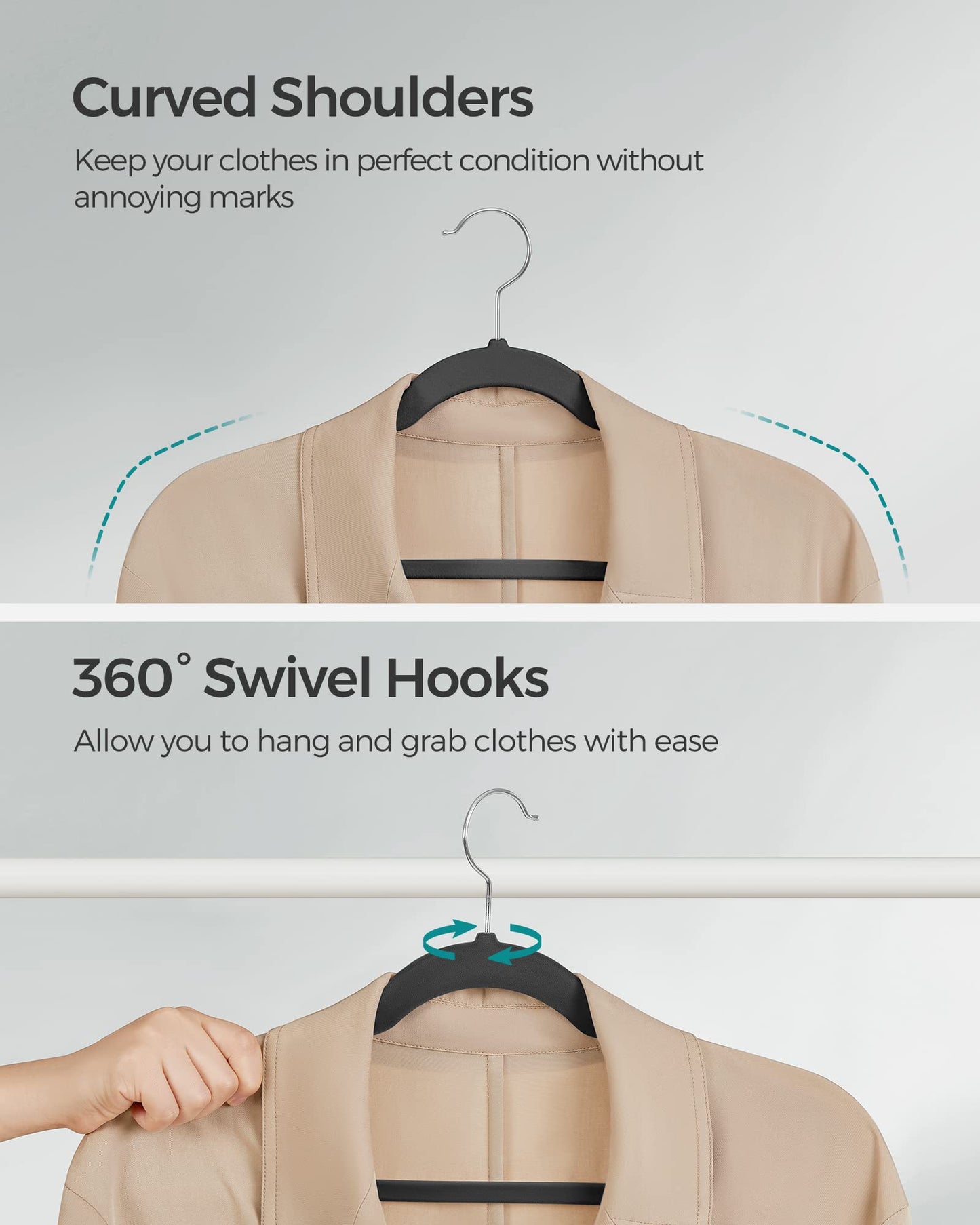 SONGMICS Velvet Hangers, Non-Slip Clothes Hangers with Shoulder Notches, Pants Bar, 360° Swivel Hook, Space-Saving, for Closet, 50 Pack, Ink Black UCRF029B05