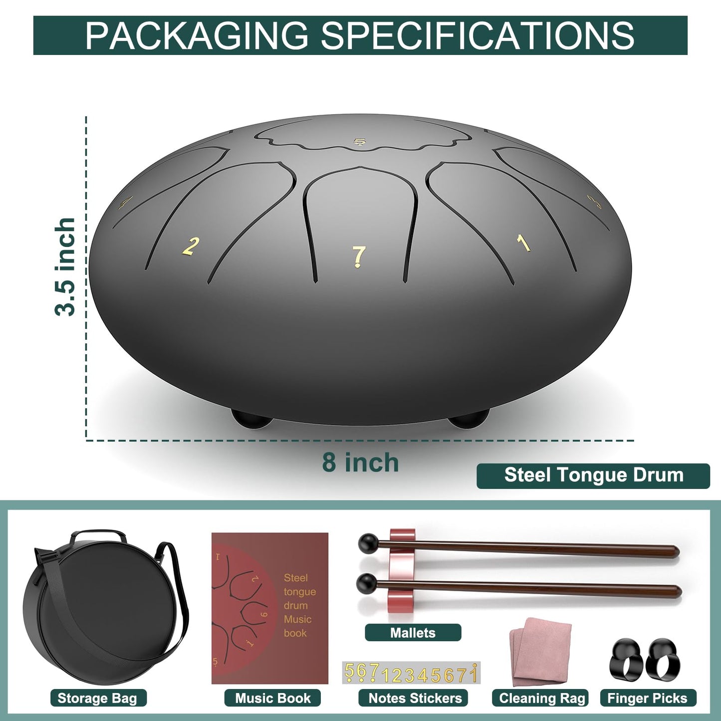Rain Drum for Outside Garden, 8 Inches 11 Notes Steel Tongue Chakra Drum, Waterproof Meditation Rain Chime, Musical Instruments for Adult Gift with Bag, Music Book, Mallets (Black)