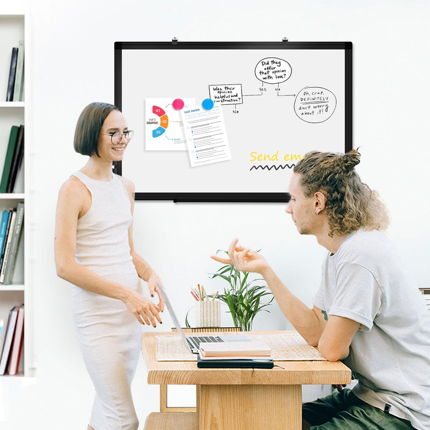 AMUSIGHT Double-Sided Magnetic Whiteboard, 36" x 24" Dry Erase Board Black Aluminum Frame for Wall, White Board Dry Erase Marker Board for Kitchen, Memo, School, Home, Office