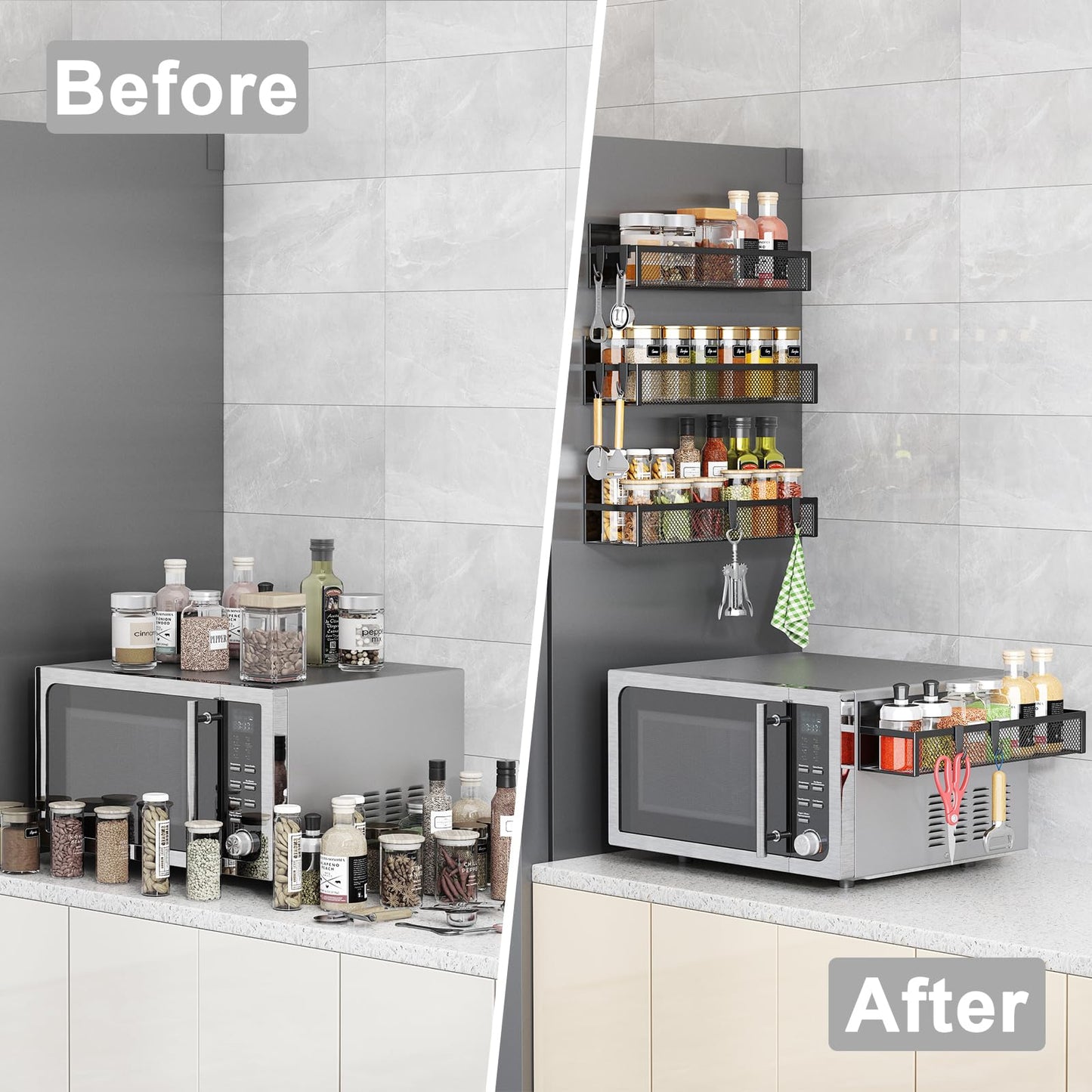 Magnetic Spice Rack for Refrigerator, AUFWORLD 4 Pack Magnetic Shelf, Fridge Magnet Organizer with Moveable 8 Hooks, Magnetic Fridge Shelf for Kitchen Organization and Storage (4 Pack)