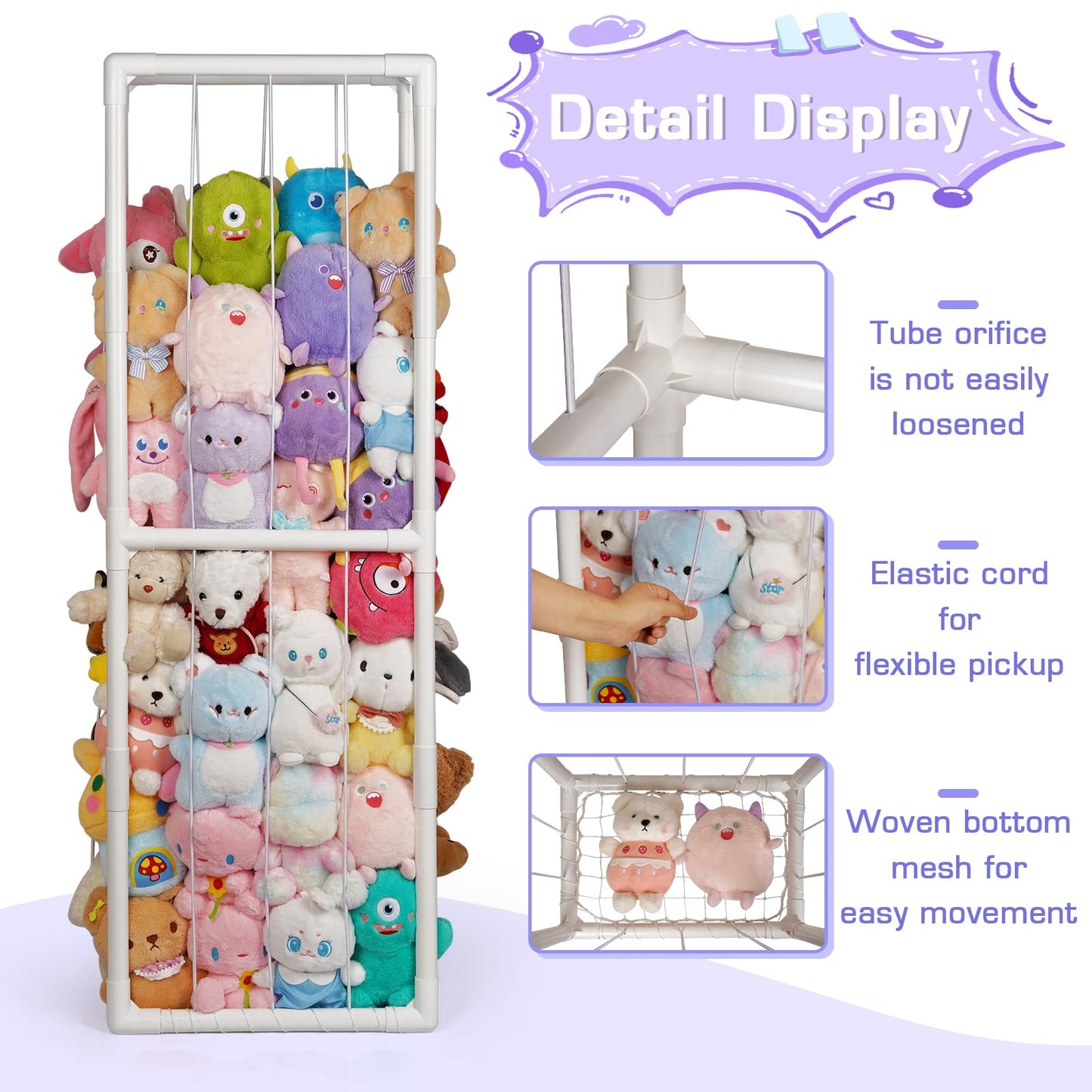 Trycooling Stuffed Animal Storage Zoo Stuffed Animal Holder Space Save Vertical Stuffed Animals Storage PVC with Elastic Band and Net for Playroom Bedroom Nursery (White)