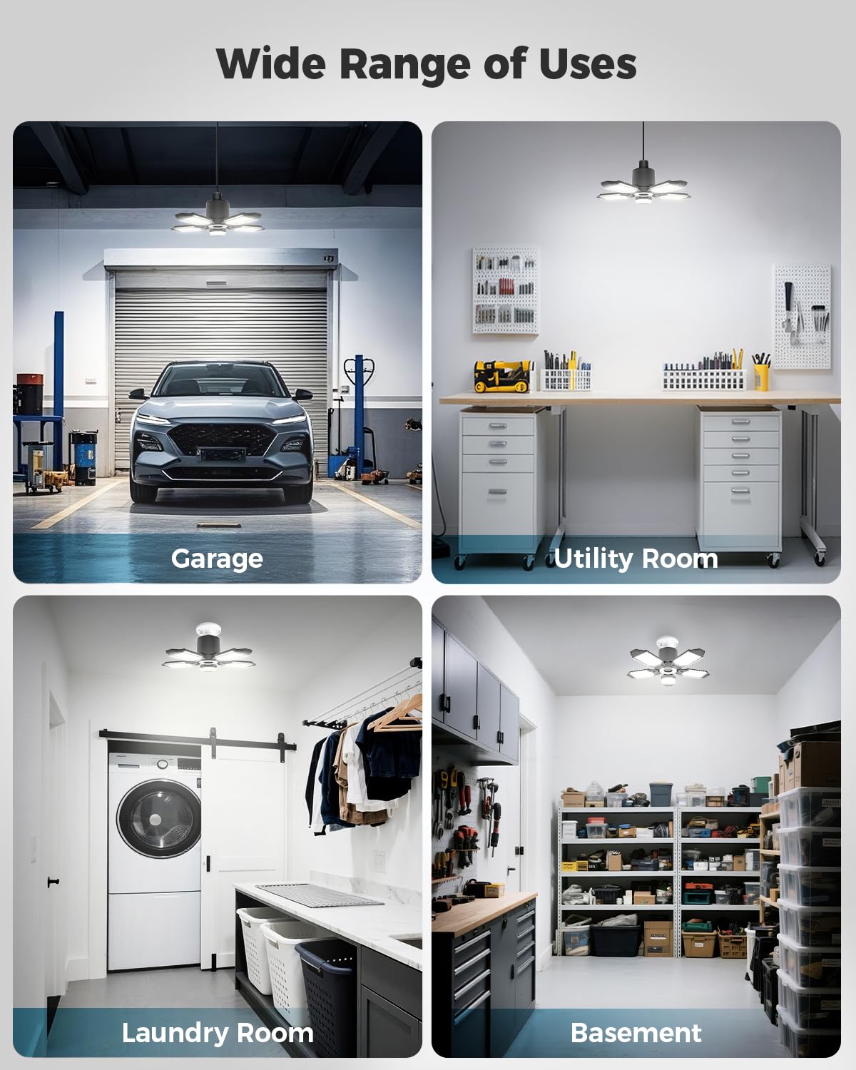 LED Garage Lights Bulb 2 Pack, 150W 15000LM Shop Lights with 5 Deformable Panels, 6500K Daylight Ceiling Lights for Garage Workshop Basement