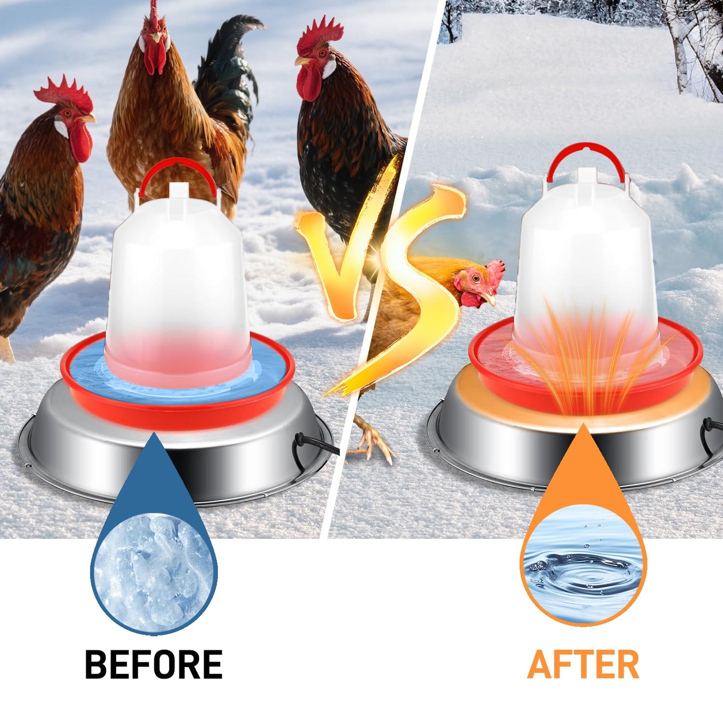 Chicken Water Heater, 11.8 Inch Stainless Steel Heated Chicken Waterer Base for Winter 5 Gallon with Thermostat Knob,with Anti-Bite Cable for Poultry Fountains Water Bowl Plastic Metal Waterer