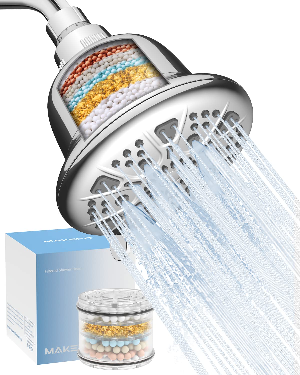 MakeFit Filtered Shower Head - High Pressure Rain Shower Head with Filter - Hard Water Softener - 7 Settings Bathroom Showerhead to Remove Chlorine and Heavy Metals (Chrome)