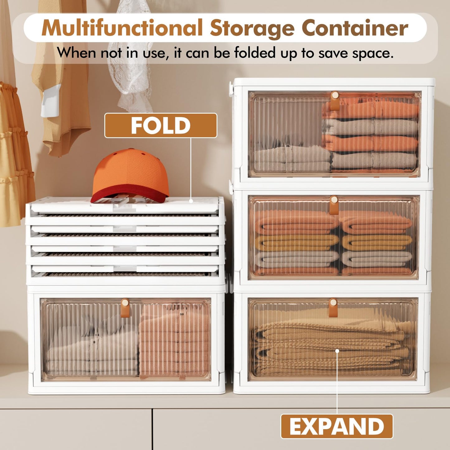 SNSLXH 4 Tier Plastic Storage Bins with Lid 23QT, Stackable Storage Containers with Wheels, Folding Storage Box, Stackable Storage Bins, Closet Organizers and Storage for Living Room,Office,Dorm