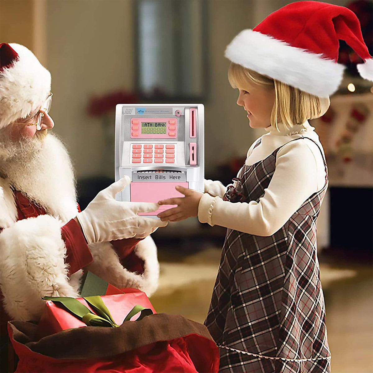 Canadian Dollars ATM Piggy Bank for Kids with Debit Card, Power-Off Memory, Coins Identification, Electronic Digital Coin Savings Money Bank Machine Box with Code