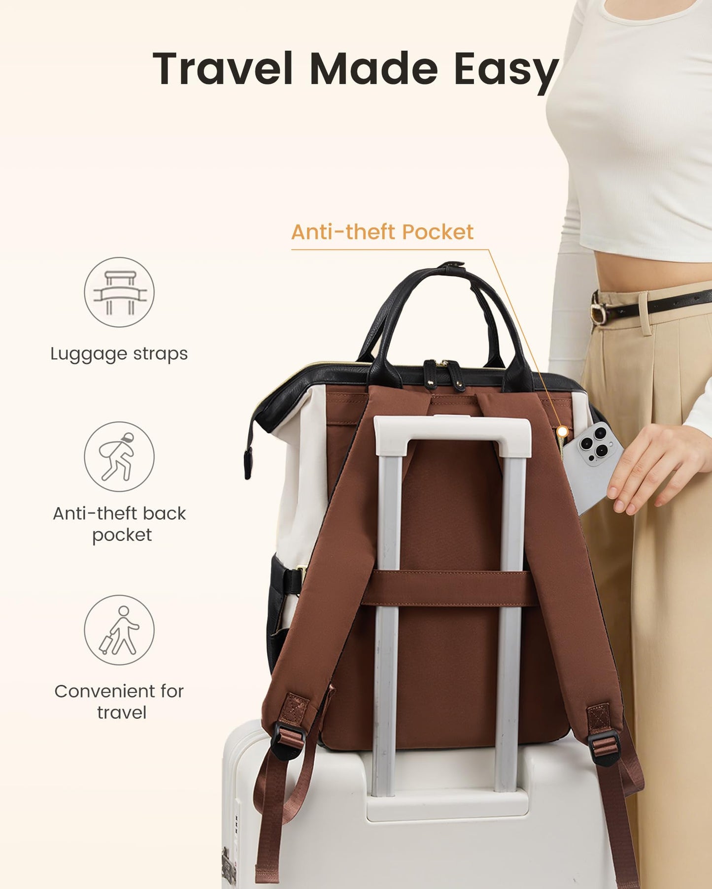 LOVEVOOK Laptop Backpack for Women, Beige-black-brown, 15.6 Inch, College Commuter Laptop Travel Work Computer Teacher Business Carry on Backpack