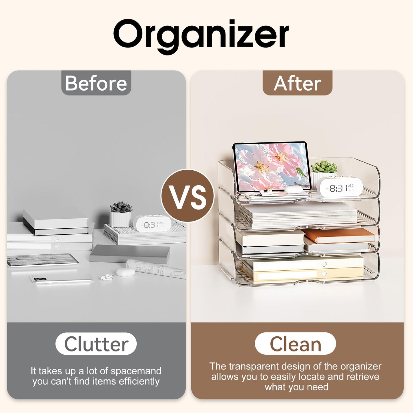 File Organizer Large-Capacity Desk Organizer, Clear Stackable & Acrylic Paper Tray Transparent Paper Organizer Easy Access for Home Office & School