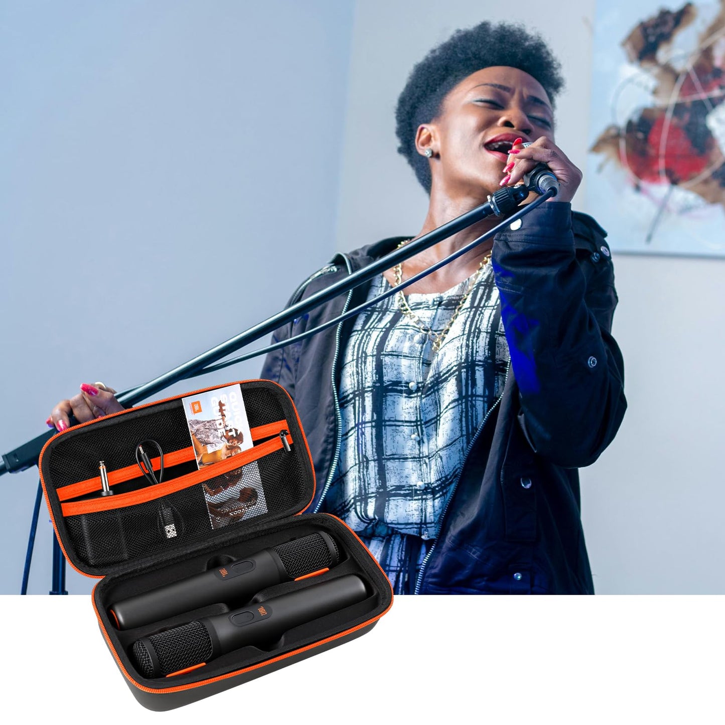 MAILADA Wireless Microphone Case For JBL Wireless Two Microphone System Handheld Dual Mic Travel Bag for Singing or Karaoke for Receivers, Adapters, AA Batteries-Black(Box Only-Orange)