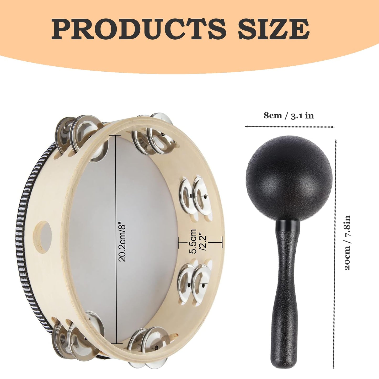 MOONBACK Tambourine for Adults Church 8 Inch, Guiro Instrument, Maracas Shaker Rattles And Wood Rhythm Sticks Kit, Great Percussion Instrument for Live Performance and Band Accompaniment