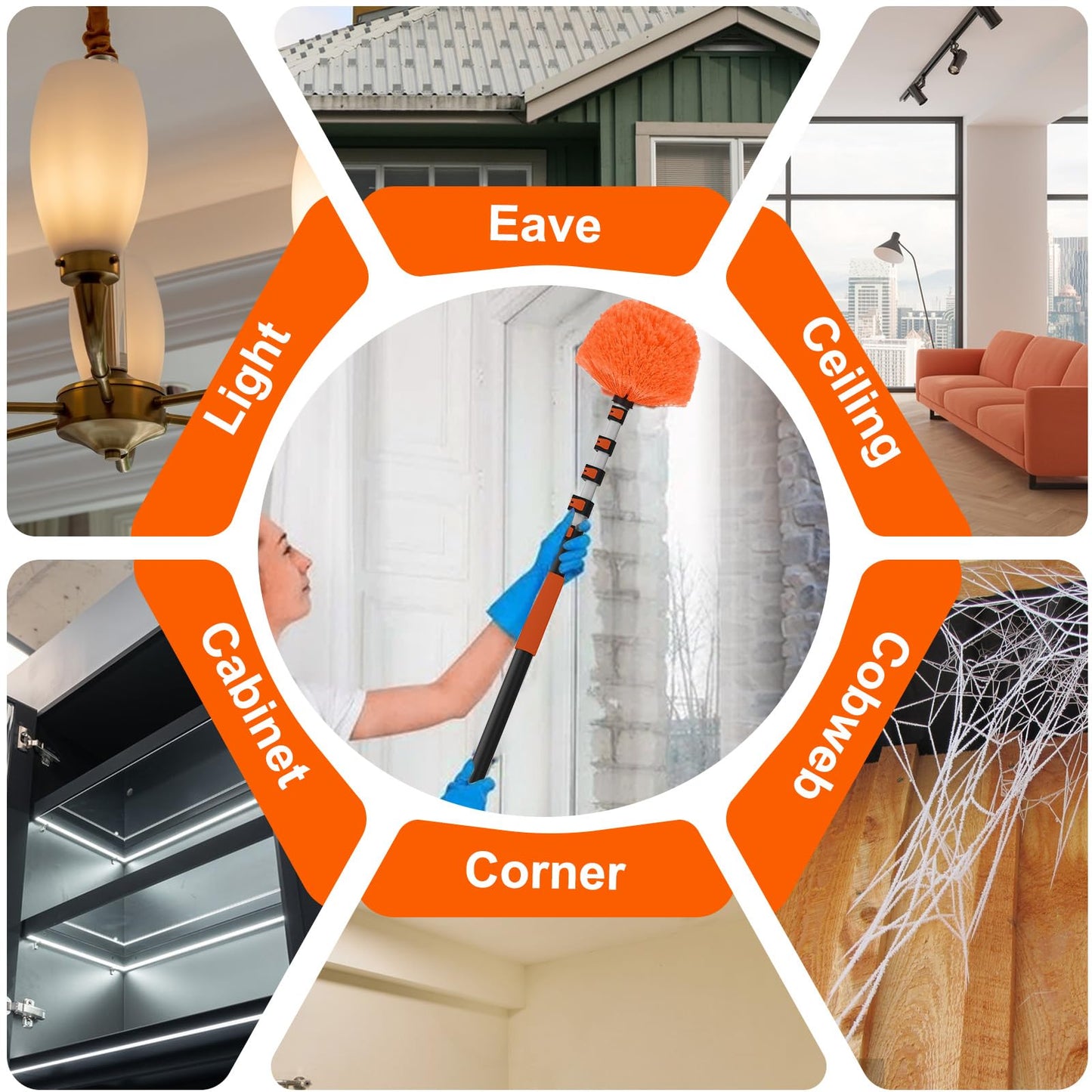 SISUPASSIE 30FT Reach Cobweb Duster with Extension Pole, High Ceiling Long Duster with 5-24FT Telescoping Pole, Spider Web Brush for Indoor Outdoor Use