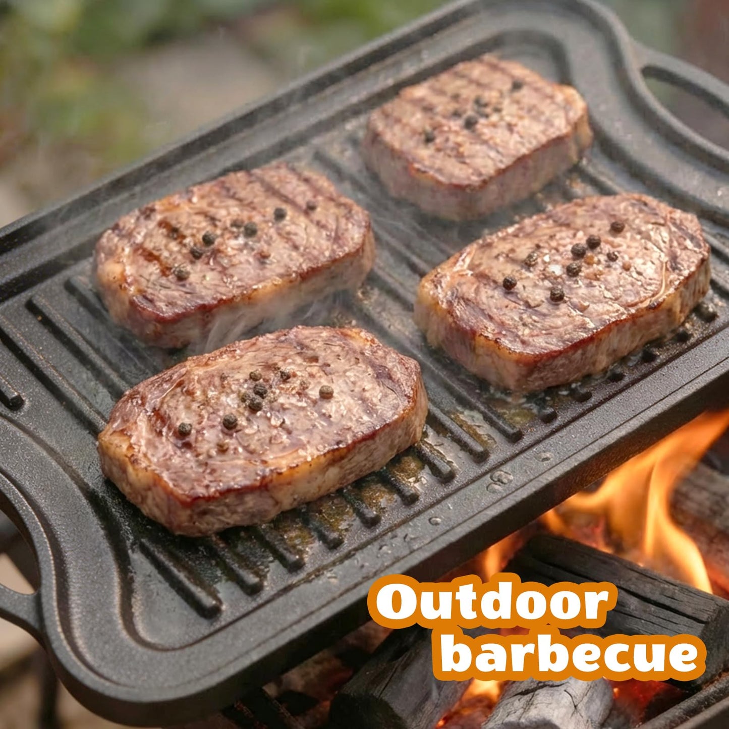 Dayacoco Cast Iron Griddle, Reversible Grill Pan, 16.5" x 9.8" Non-Stick BBQ Grill Pan with Handles, Dual Handle Flat Skillet Pan for Gas Stovetop Open Fire Oven