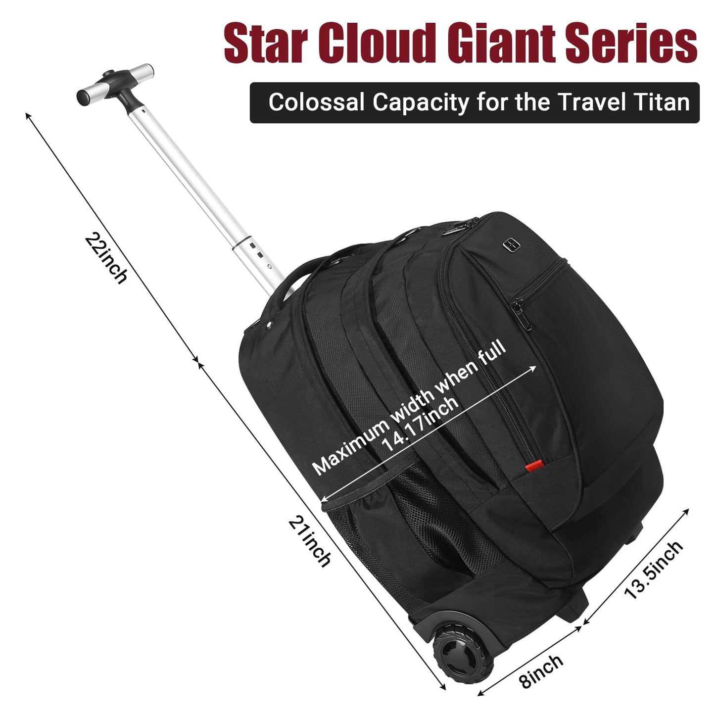 21x14x8" Rolling Backpack for Adults - Travel Backpack With Wheels, Durable Wheeled Carry-On With 17" Laptop Sleeve