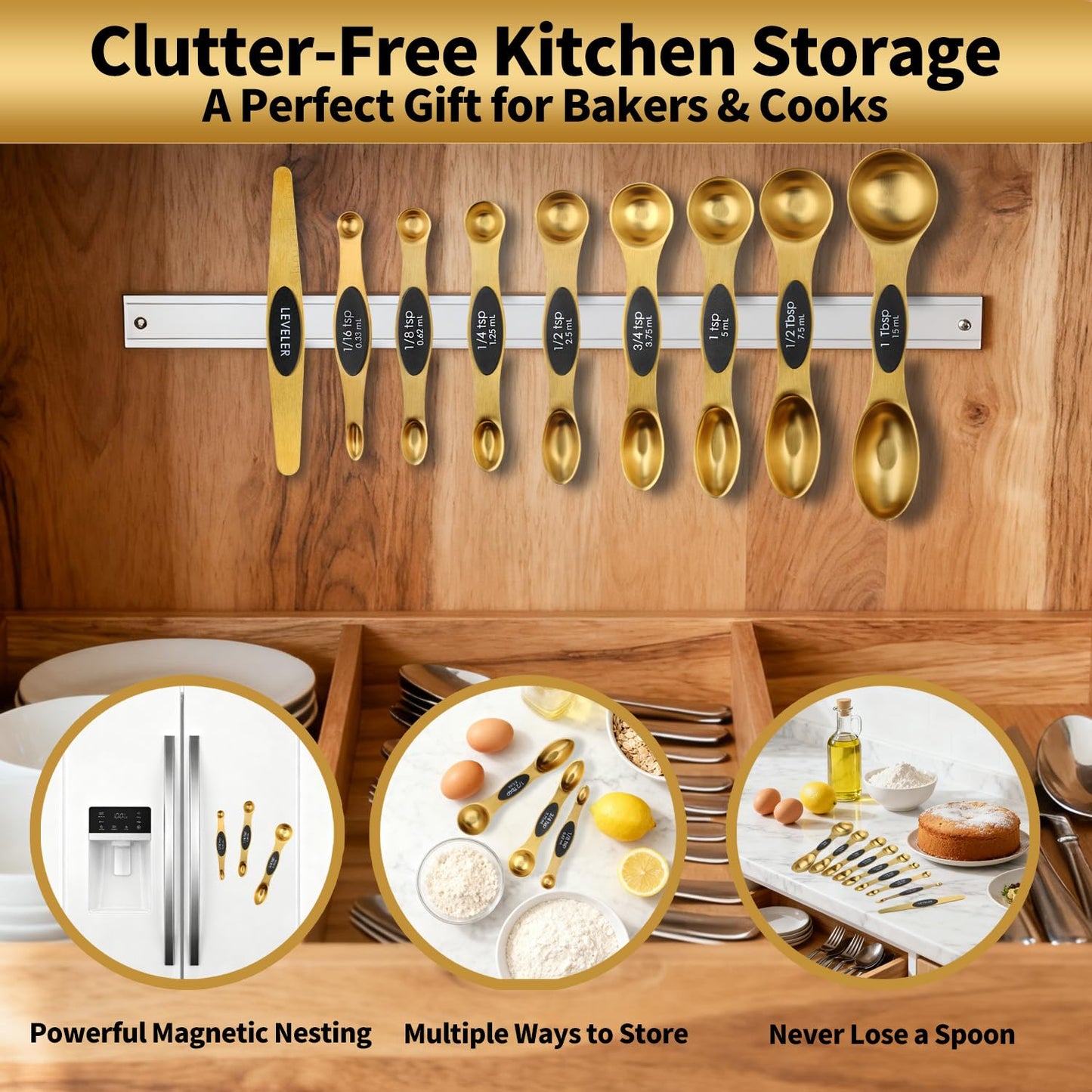 Gold Magnetic Measuring Cups & Spoons Set of 16, 7 Stainless Steel Measuring Cups, 8 Double-Sided Measuring Spoons & 1 Leveler, Premium Finish Baking Tools Kitchen Gadget for Dry & Liquid Ingredients