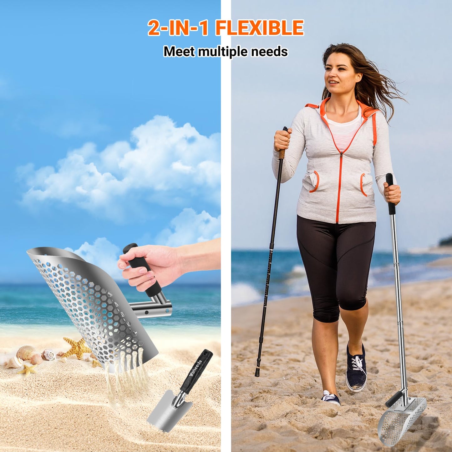 Yaheeda Long Handle Sand Scoop with Shovel for Metal Detecting, Metal Detector at Beach,Heavy Duty Stainless Steel Metal Detecting Tool,Treasure Finds Scoop, Digging Shovel Fast Sifting