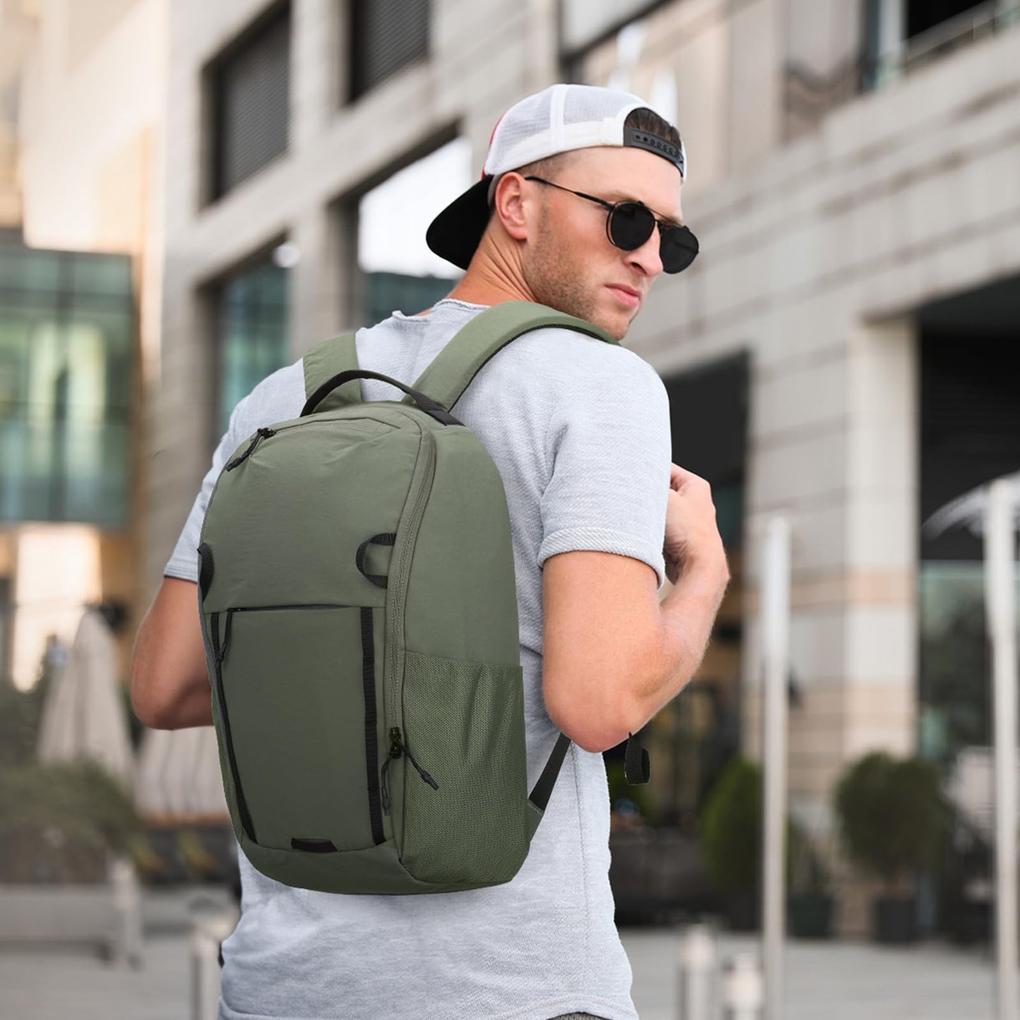 Outplea 17L Small Travel Carry On Backpack with Front Opening for Men Women, Waterproof 15" Laptop Backpack, Green