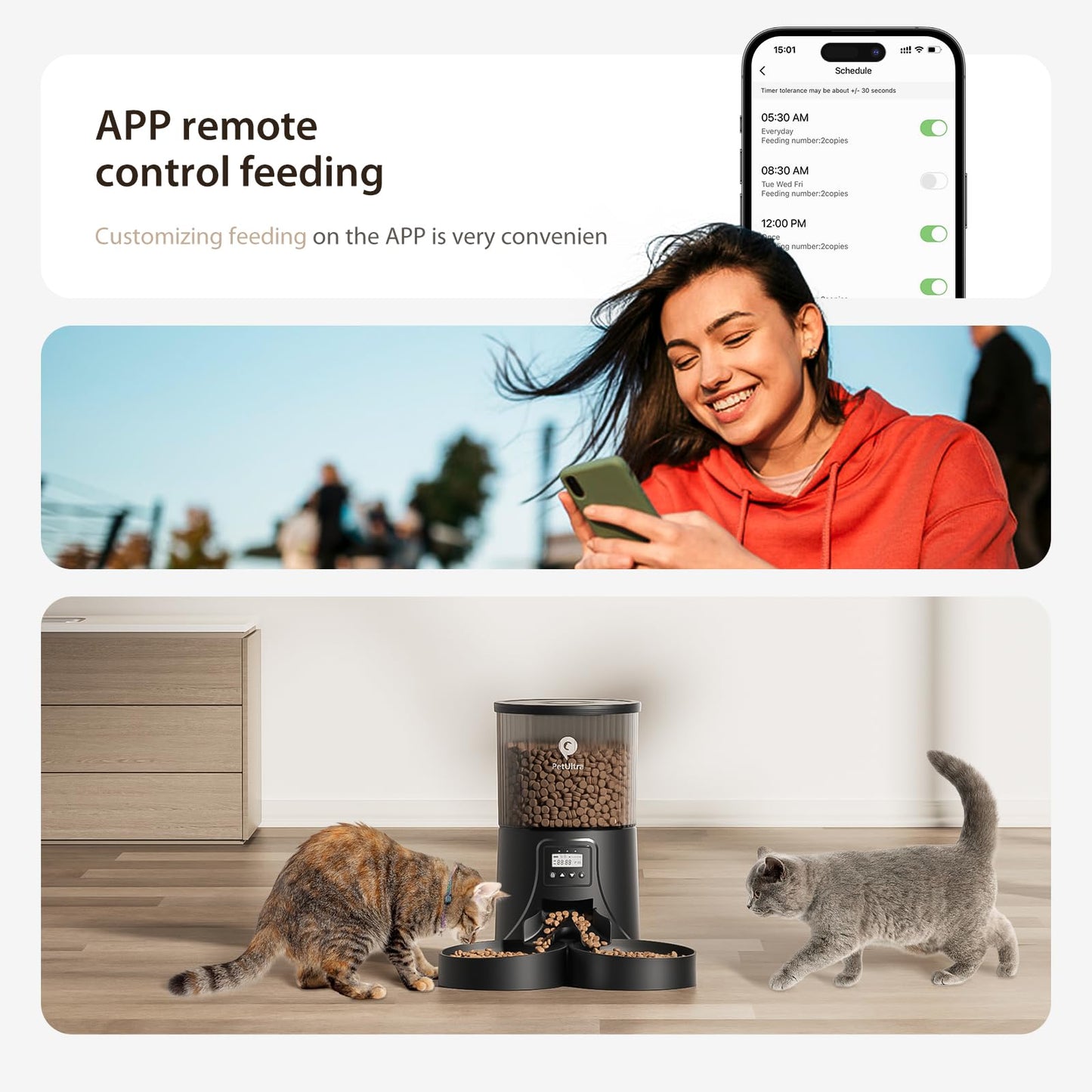 PETULTRA Automatic Cat Feeder 2 Cats: Auto Feeder WiFi 2.4G- Dual Cat Feeder 1-10 Meals| Smart App Control Auto Pet Feeder for Cats and Small Dog Indoor- Dual Power& Detachable Clean