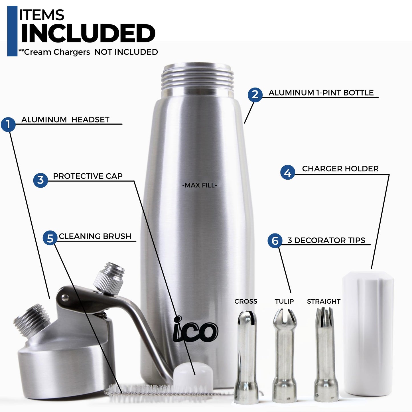 ICO Professional Aluminum Whipped Cream Dispenser 1-Pint for Homemade Whipping Cream, Whipped Cream Maker for Desserts, Dips, Sauces, and Infused Liquors, Silver
