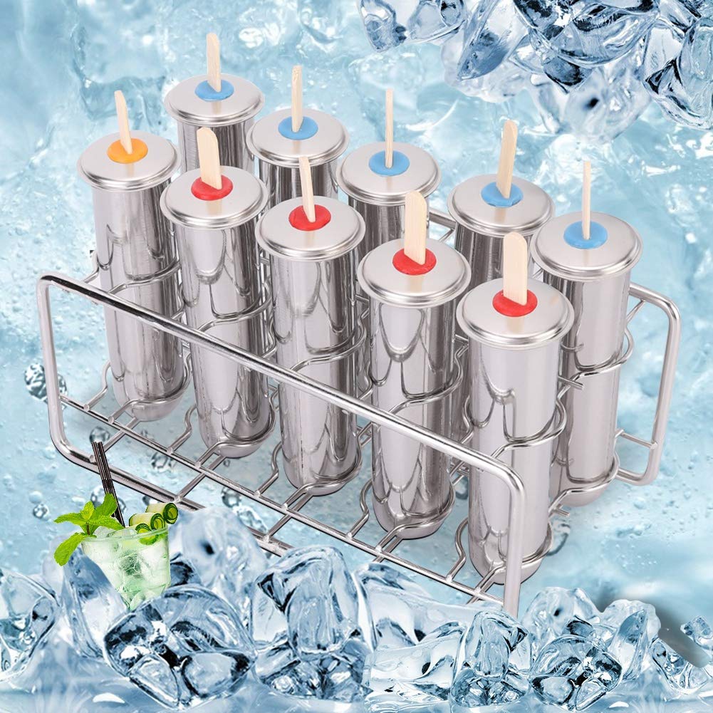 Sunicon Popsicle Mold, 10Pcs Stainless Steel Popsicle Molds, Homemade Ice Lolly Molds with Holder, Reusable Round Head Fast Freezing Ice Treat Maker with Wooden Sticks and Bags for DIY Popsicle