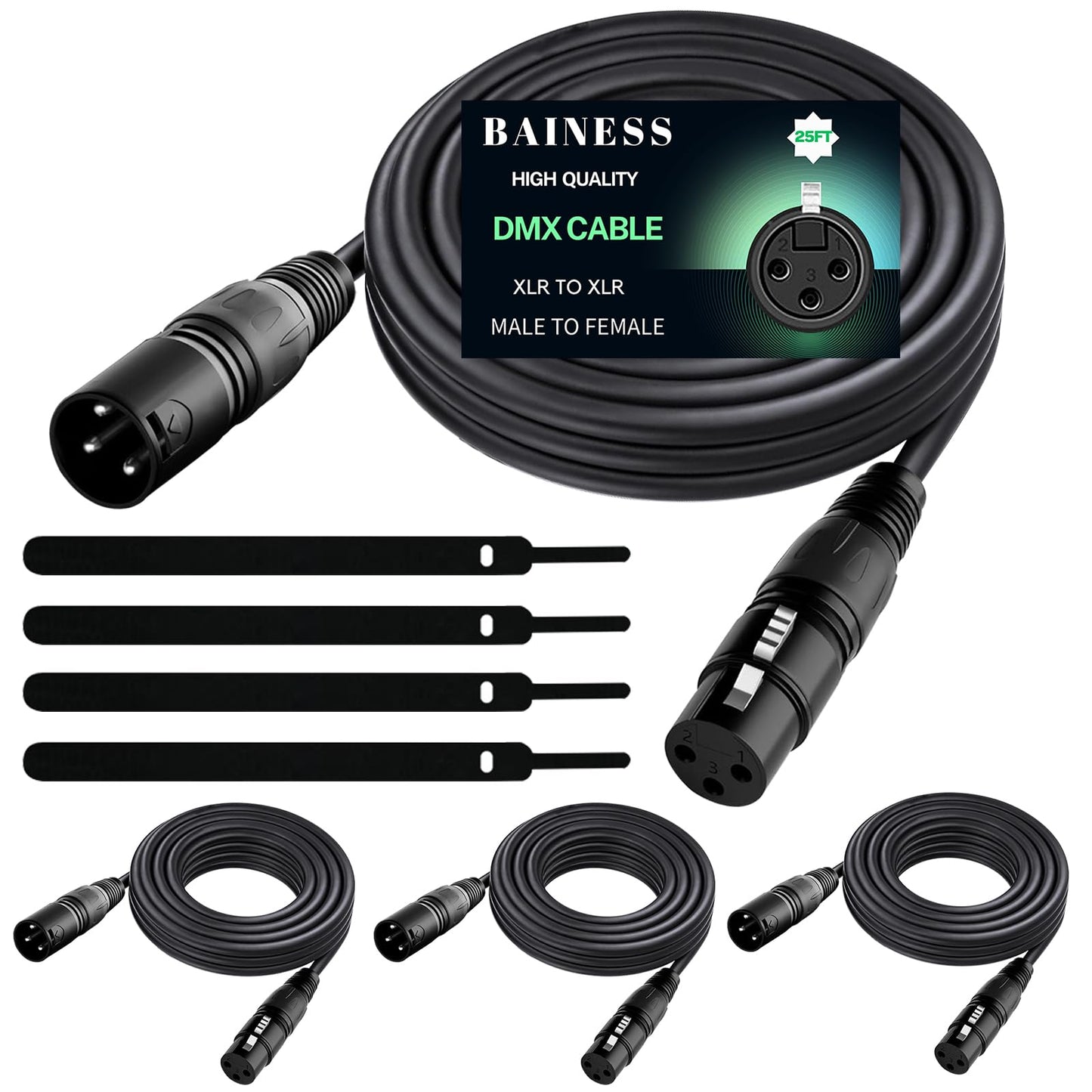 BAINESS 25ft Flexible DMX Cable 3 Pin Signal XLR Male to Female DMX Cables Wire for Stage Lighting, DJ Lights, Moving Head & Par LED Fixtures, Black, 4 Pack