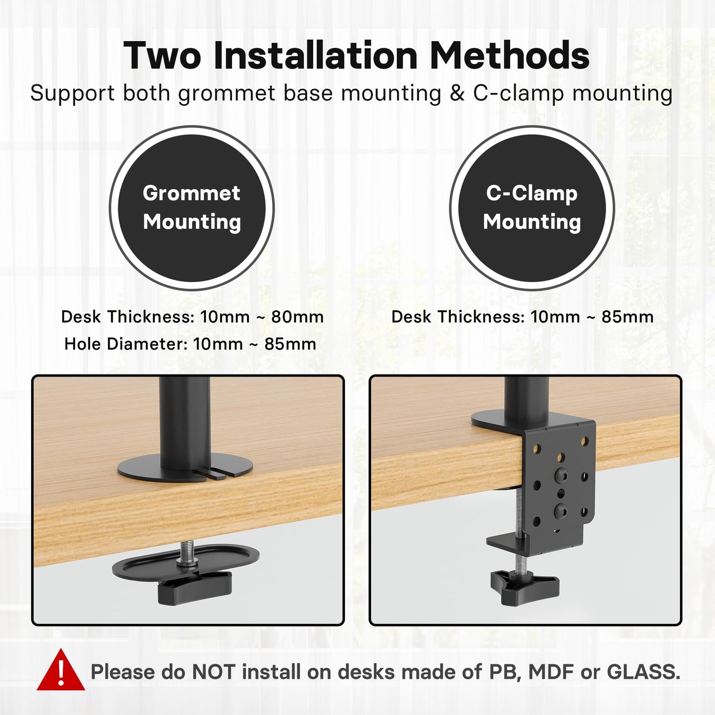 BONTEC Triple Monitor Desk Mount for One 32 Inch Screen and Two 27 inch Screens, Supports up to 22lbs, with Full Motion Adjustability, Two Installation Options and Integrated Cable Management, Black