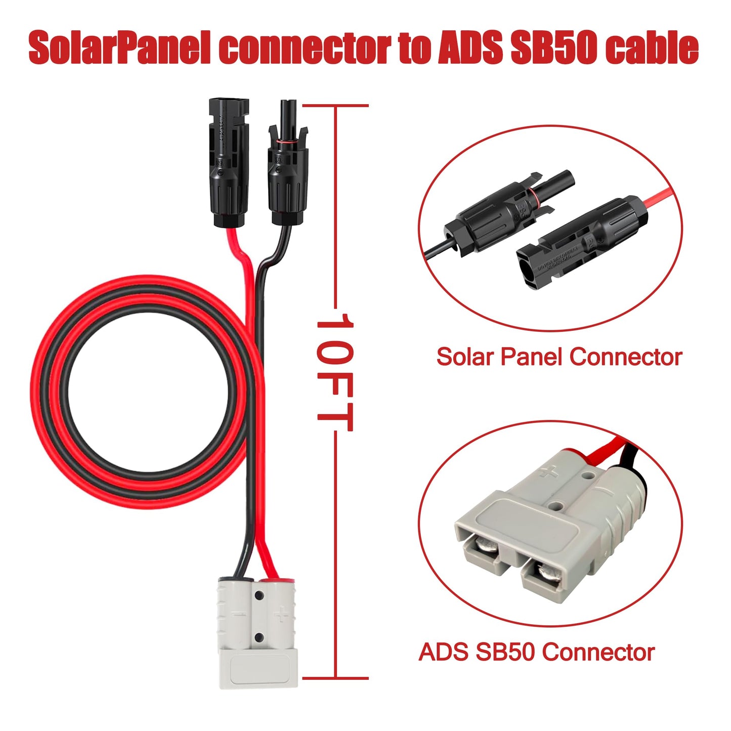 Magiktech Solar Panel Charge Cable Compatible with Anderson SB50 Connector 50A for Battery Pack Portable Power Stations Solar Generator Inverter (10AWG 10FT)