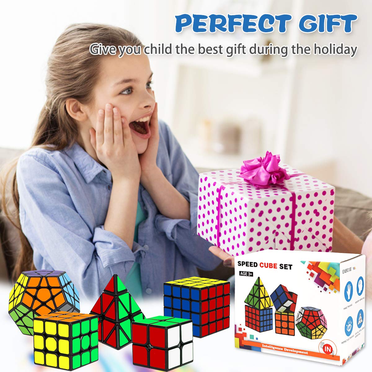 Speed Cube Set, Aitey Qiyi Magic Cube Bundle 2x2 3x3 4x4 Pyramid Megaminx Speed Cube Puzzle Toys for Kids & Adults (5 Pack)