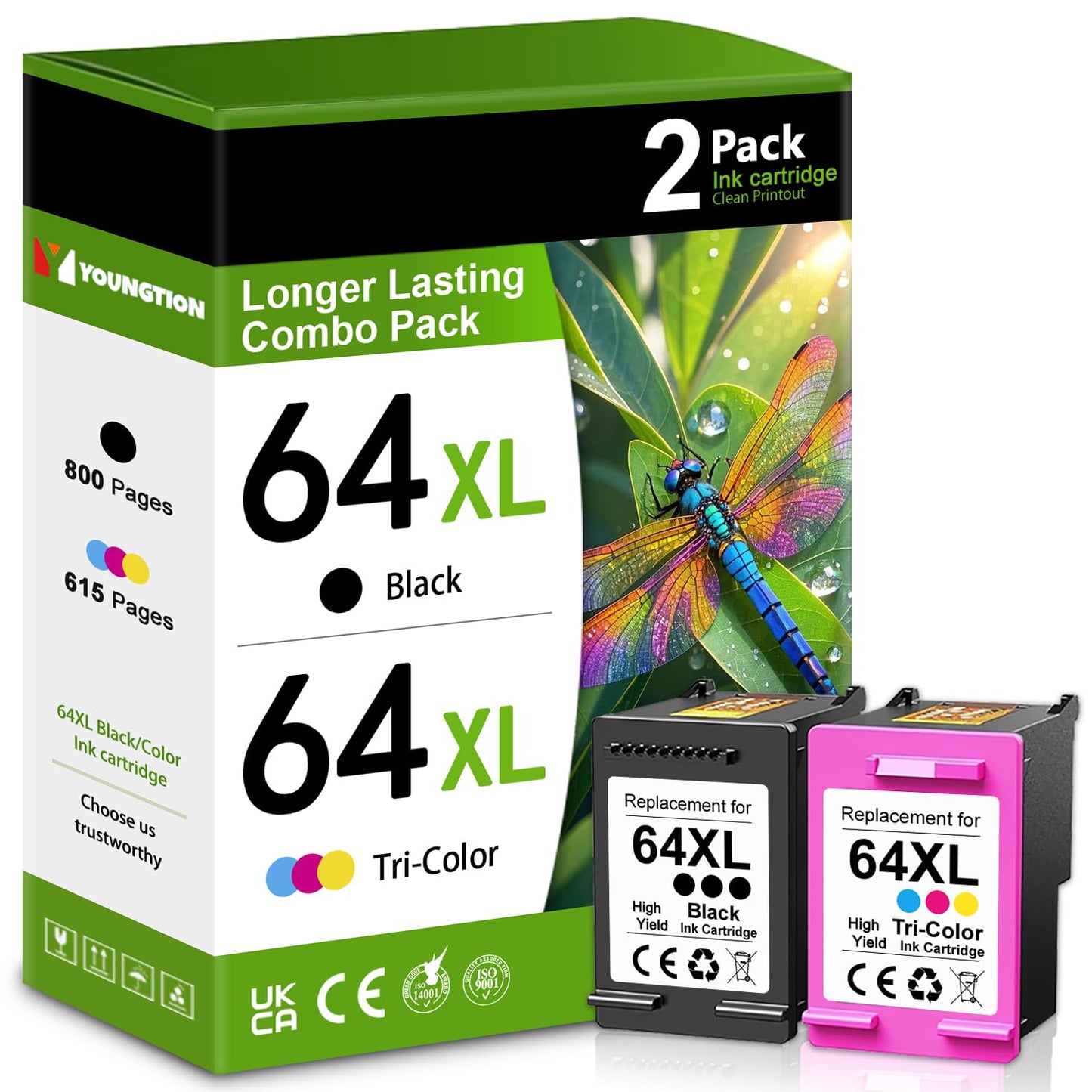64XL 64 XL Ink cartridges Combo Pack (2-Pack, Black, Tri-Color) 64 Ink Cartridges Replacement for HP Envy Photo 7858 7855 7155 6255 6252 6230 7120 7158 Envy 7255e 7955e 7958e Printer