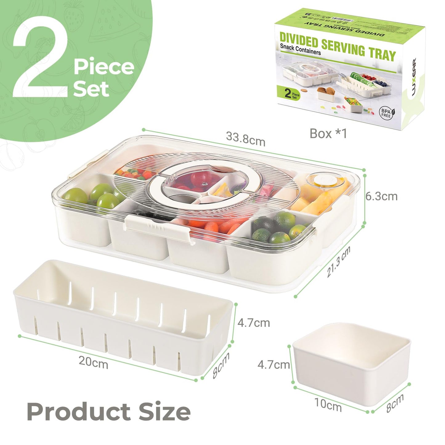2 Pack 8 Compartment Snackle Box Container Divided Serving Tray, Luxear Snack Box Charcuterie Container with Lid and Handle,Portable Snack Platter Organizer for Candy Fruits Veggie Party Travel Picnic