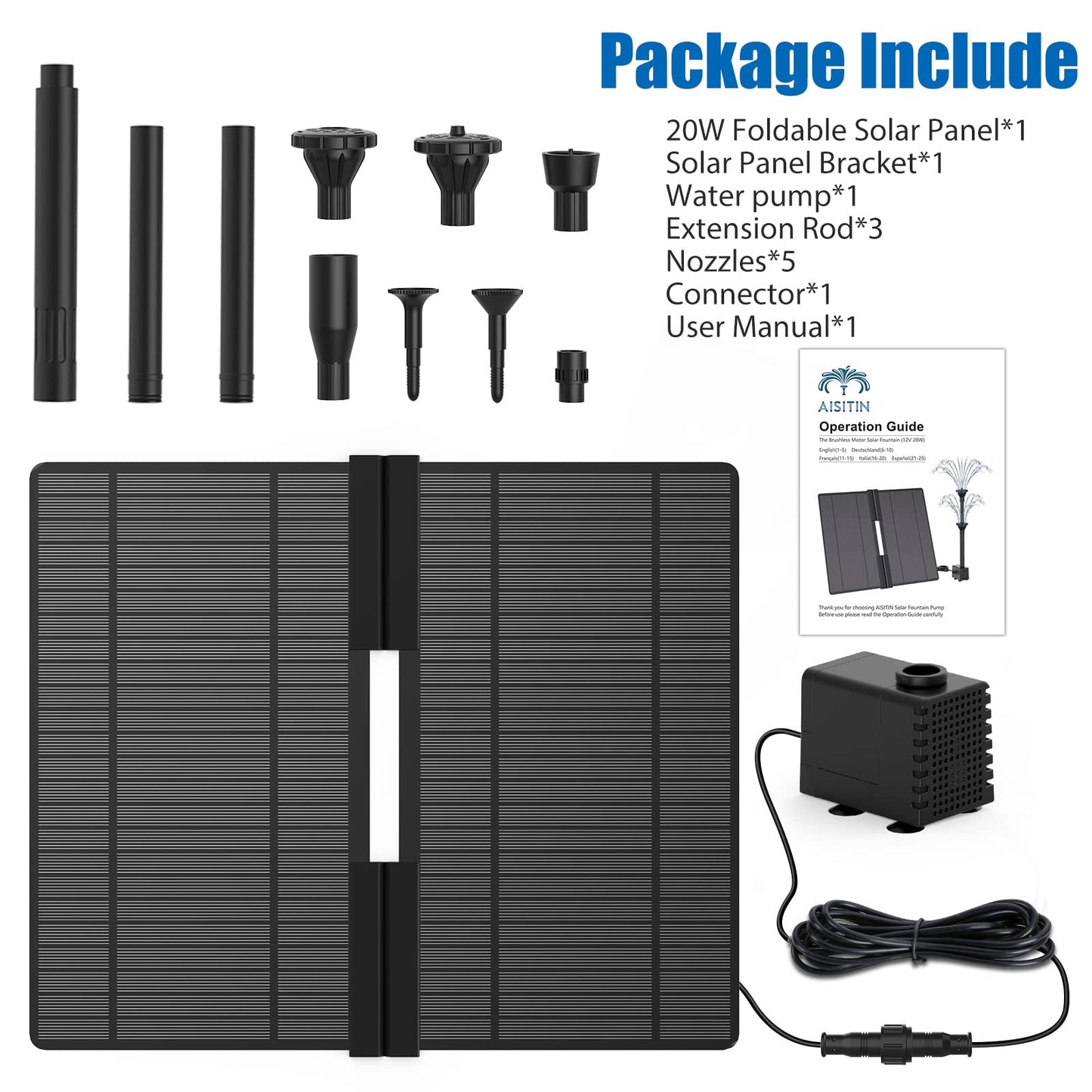 AISITIN 20W Solar Fountain Pump, Collapsible Solar Bird Bath Fountains Pump, Solar Powered Water Fountain Pump for Outdoor Garden, Pond, Pool