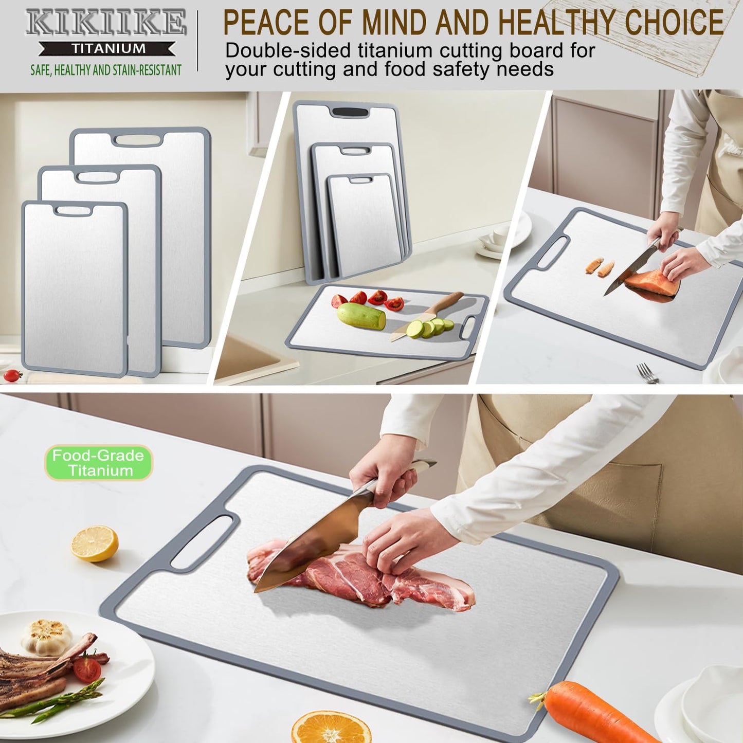 Titanium Cutting Board Double-Sided Non-Slip Silicone Edging Pure Titanium Cutting Boards for Kitchen - Double-Sided Food-Grade Chopping Board Non-Stick Durable and Easy to Clean (Large)