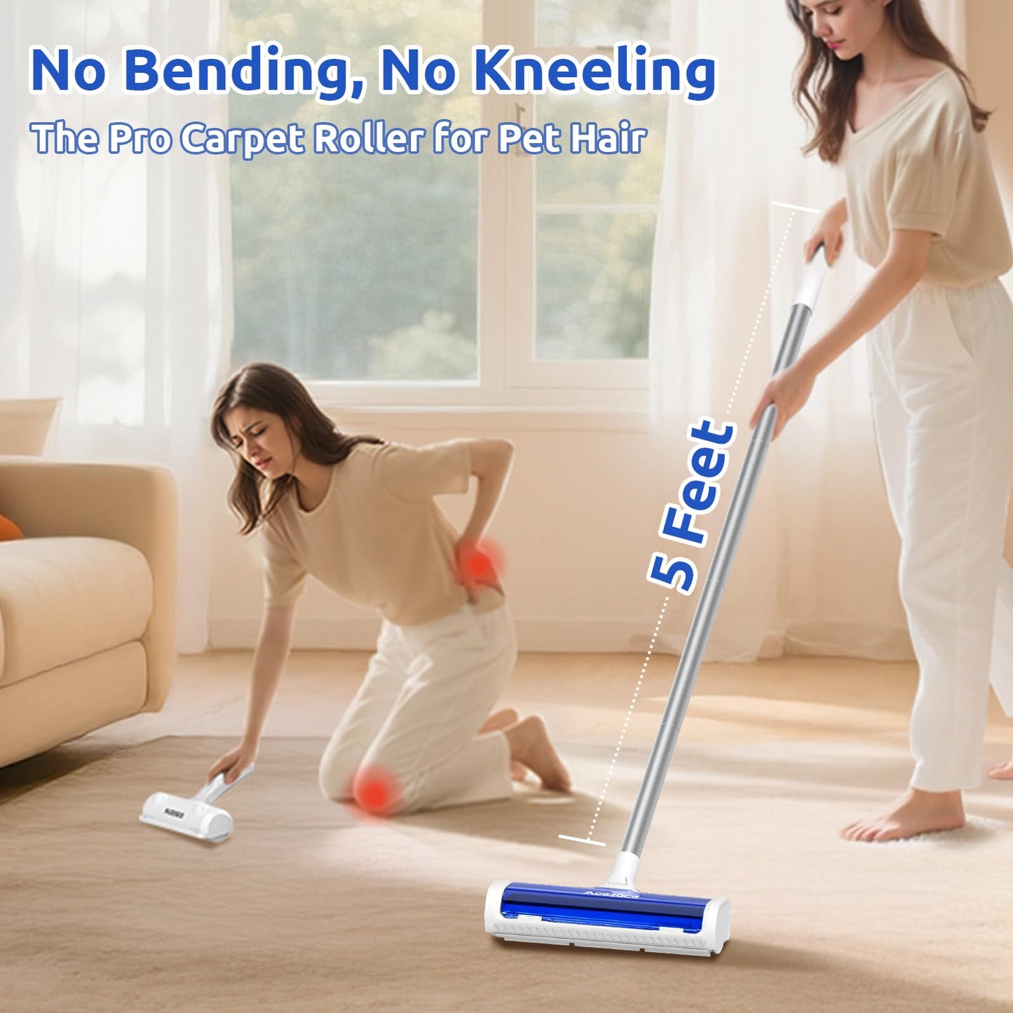 ACE2ACE Carpet Roller for Pet Hair, Self-Collected Pet Hair Removal Tool, Reusable Carpets Rake, 5 Feet Long Handle No Bending No Kneeling, Cat Dog Hair Remover for Carpet, Rugs, Mats, Blue
