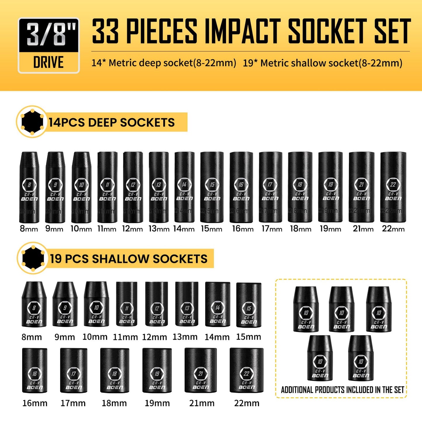 3/8" Drive Impact Socket Set, 57-Piece Standard SAE (5/16 to 3/4 inch) and Metric (8-22mm), Include Ratchet Handle, Extension Bar, Universal Joint, Adapter, and Additional 5 10mm Sockets
