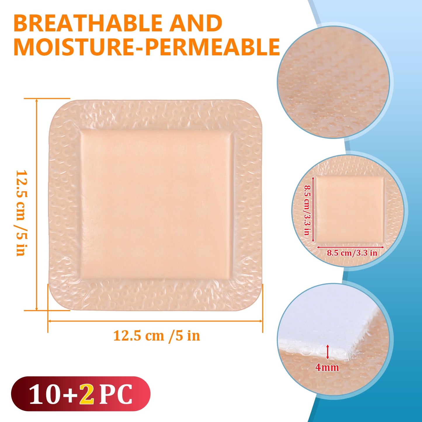 OUJEALEE Silicone Foam Dressing 12.5x12.5cm (5x5") - 12 Pack, All-Silicone Adhesive Layer for Pressure Ulcers, Bed Sores & Surgical Wounds, Waterproof & Highly Absorbent Wound Dressing