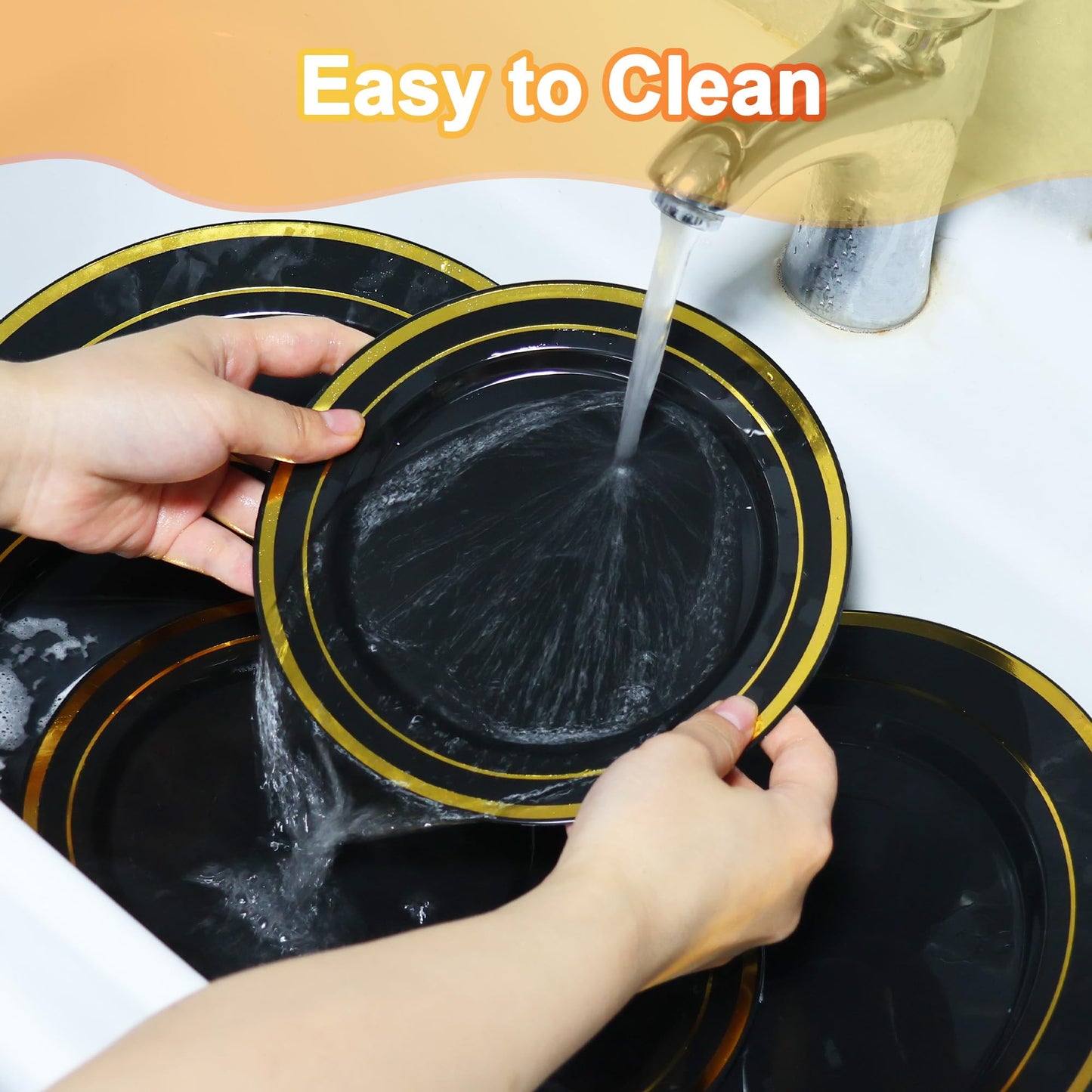 ROCOHANTI 100 PCS Black and Gold Plastic Plates, Disposable Party Black Plates Include 50 Dinner Plate and 50 Dessert Plate Perfect for Holiday, Birthday, Graduation, Wedding & Party