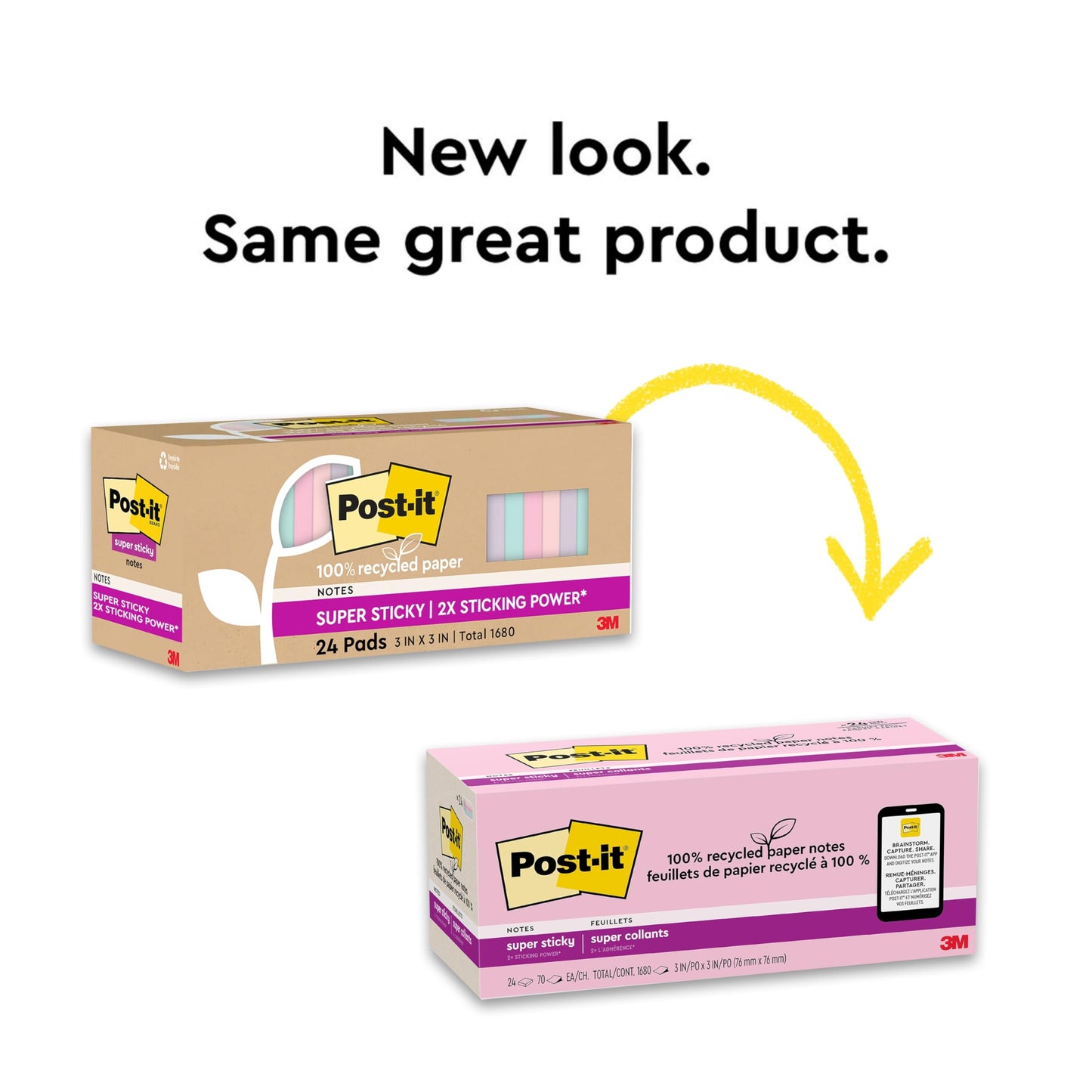 Post-it 100% Recycled Paper Super Sticky Notes, 2X The Sticking Power, 3x3 in, 24 Pads/Pack, 70 Sheets/Pad, Wanderlust Pastels Collection (654R-24SSNRPCP)