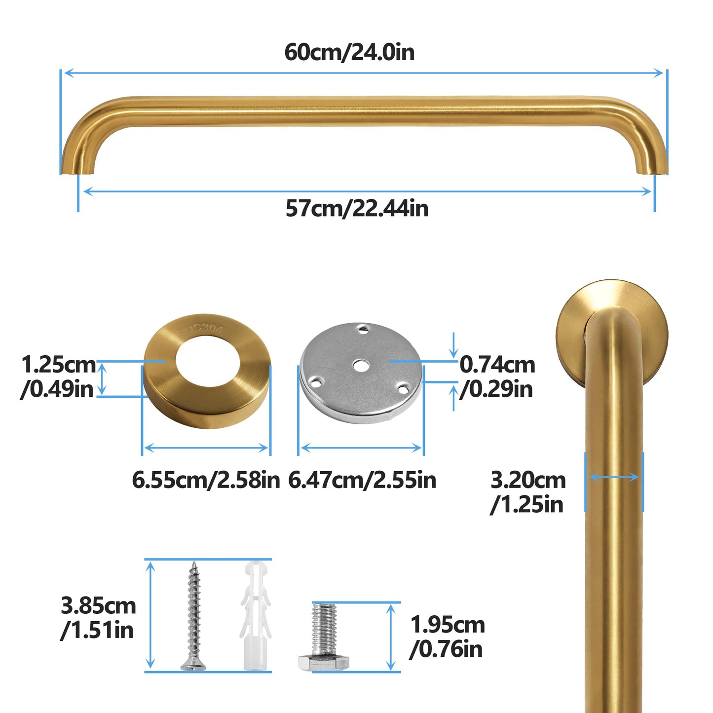 Rackickyer Shower Grab Bar, 2 Pack 24 Inch Gold Bathroom Safety Bar, 1.25" Diameter 304 Stainless Steel Grab Bars for Bathtubs and Showers, Handicap Shower Grab Bar for Seniors Elderly