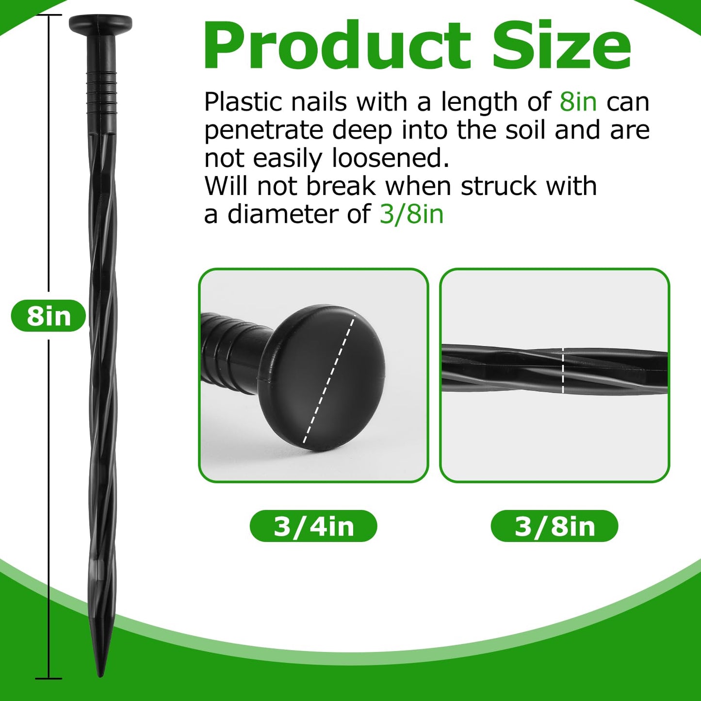 300Pcs 8-Inch Plastic Landscape Edging Spikes, Spiral Anchoring Nails for Weed Barrier, Paver Edging, Landscape Edging, Artificial Turf, Grass Pathways, and More
