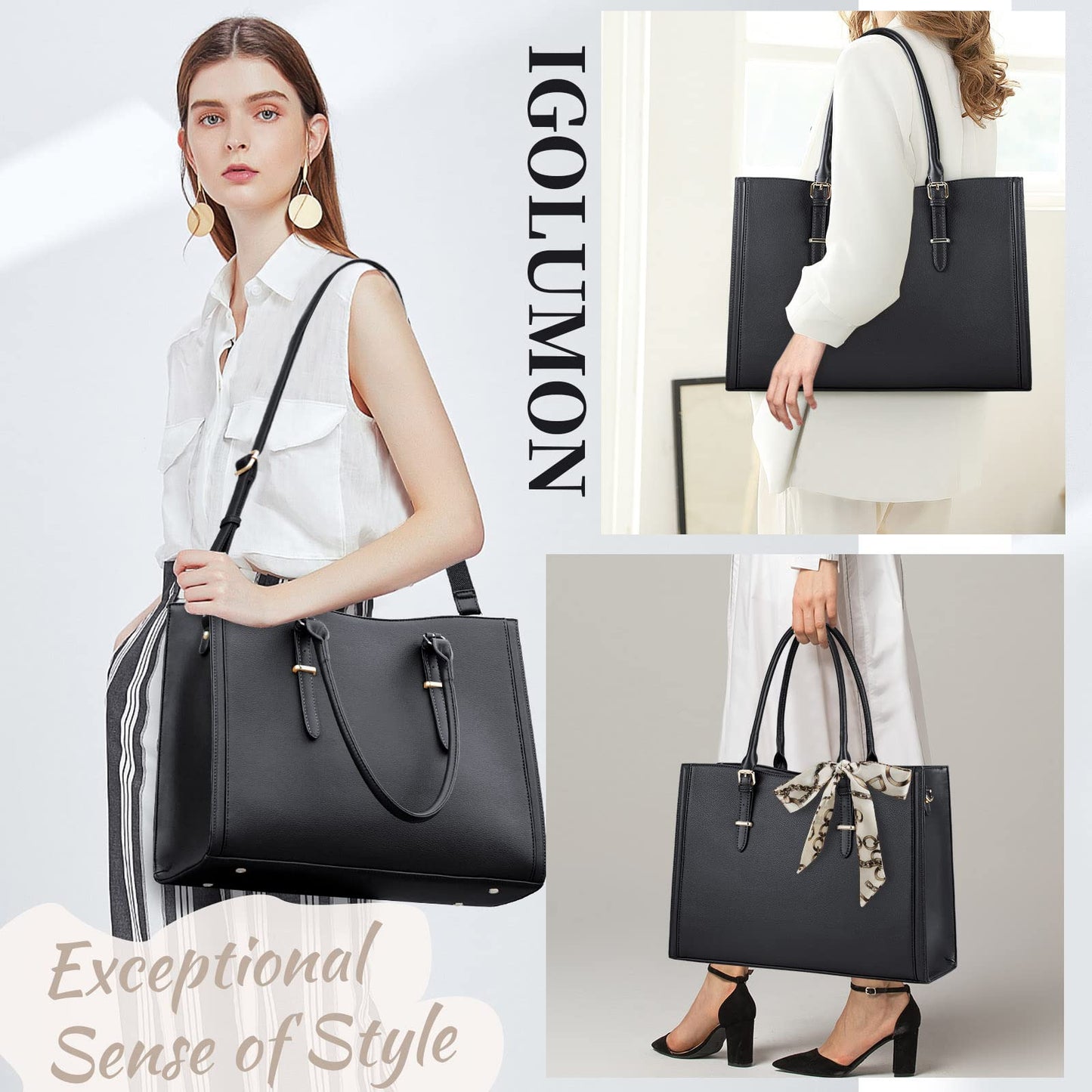 Laptop Bag for Women 15.6 inch Waterproof Leather Bag Work Laptop Computer Bag for Office Travel Handbag Shoulder Bag Black