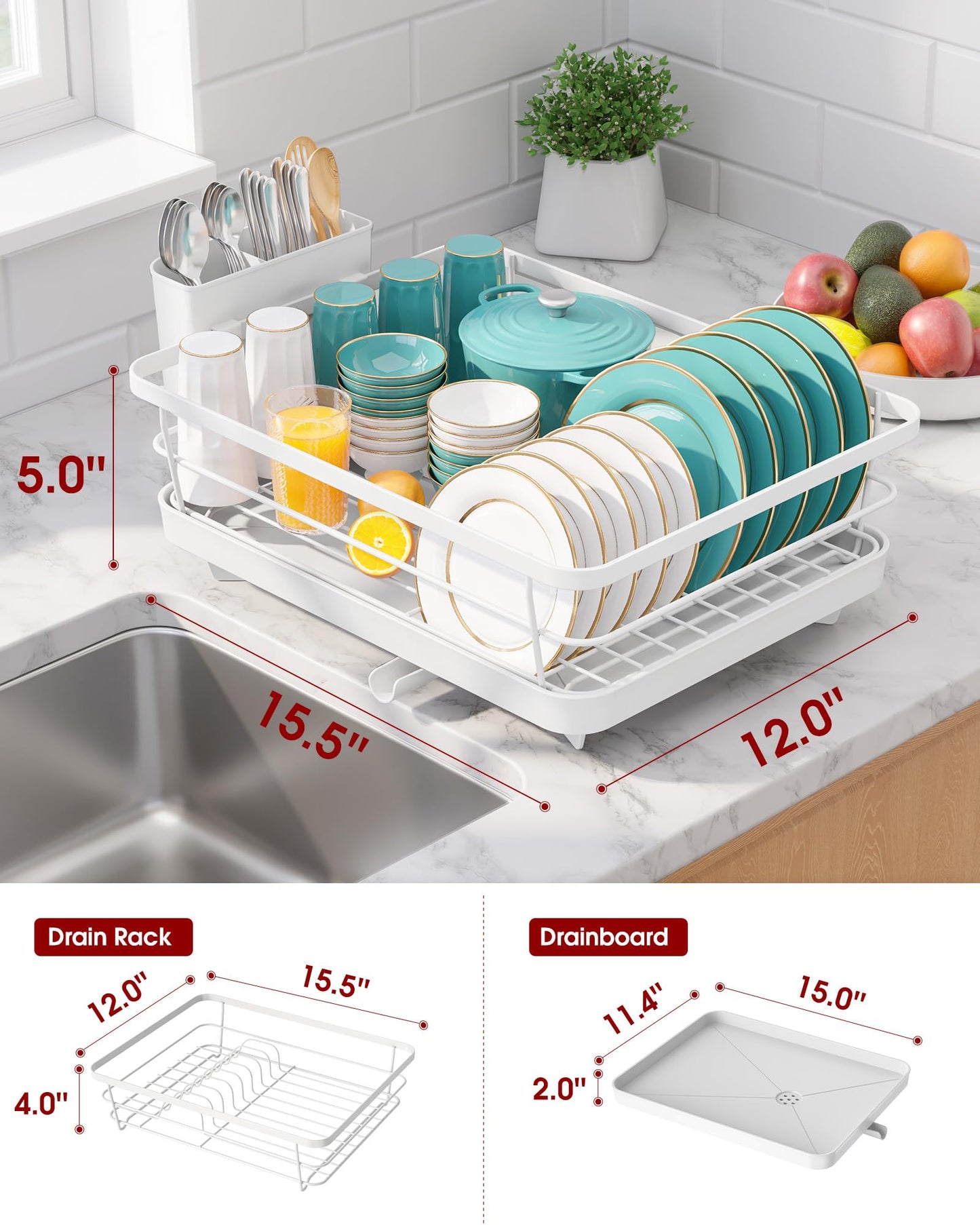 Sakugi Dish Drying Rack - Compact Dish Racks with Drain Board for Kitchen Counter, Durable Stainless Steel Dish Rack Used in Sink & on Countertop, White, Large