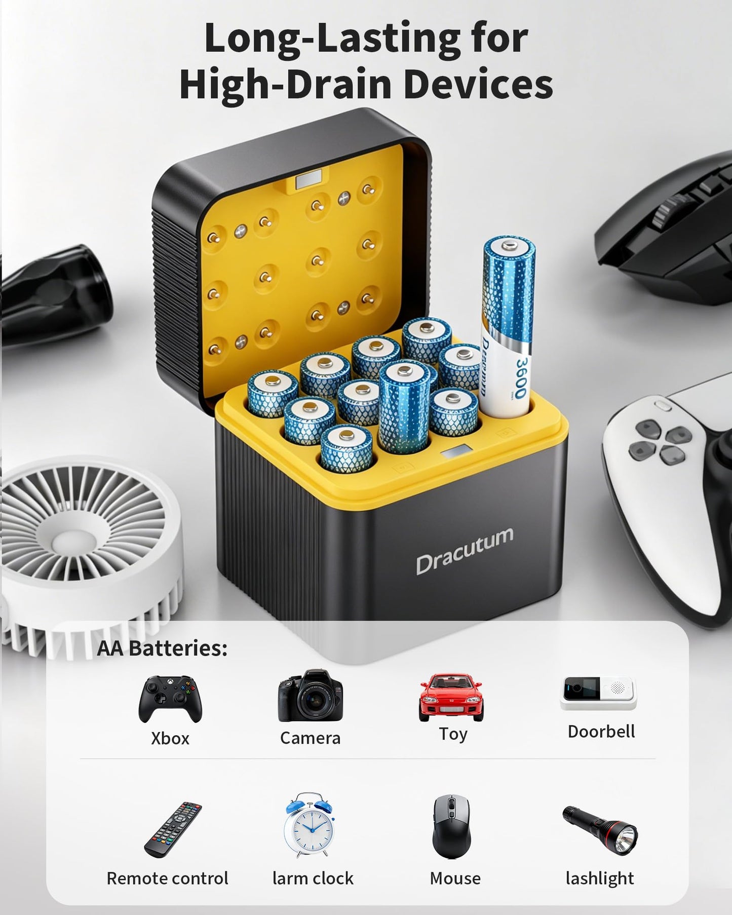 Dracutum Rechargeable AA Lithium Batteries with Charger, 12-Pack 1.5V 3600mWh High Capacity Double A Batteries, 2000+ Recharge Cycles, AA Battery with 12-Bay Fast Charger for Blink Cameras