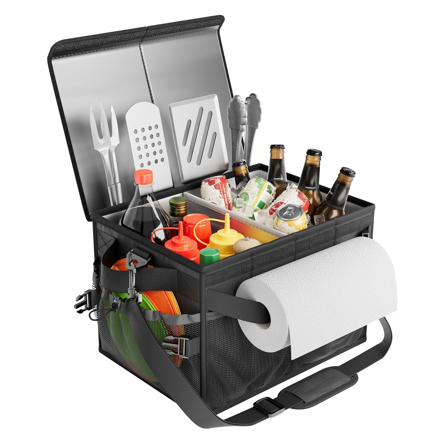 FANGSUN Black Grill Caddy, BBQ Organizer with Lid & Paper Towel Holder, Picnic Griddle Caddy for Outdoor Camping, Barbecue Accessories Organizer, 32L, Black
