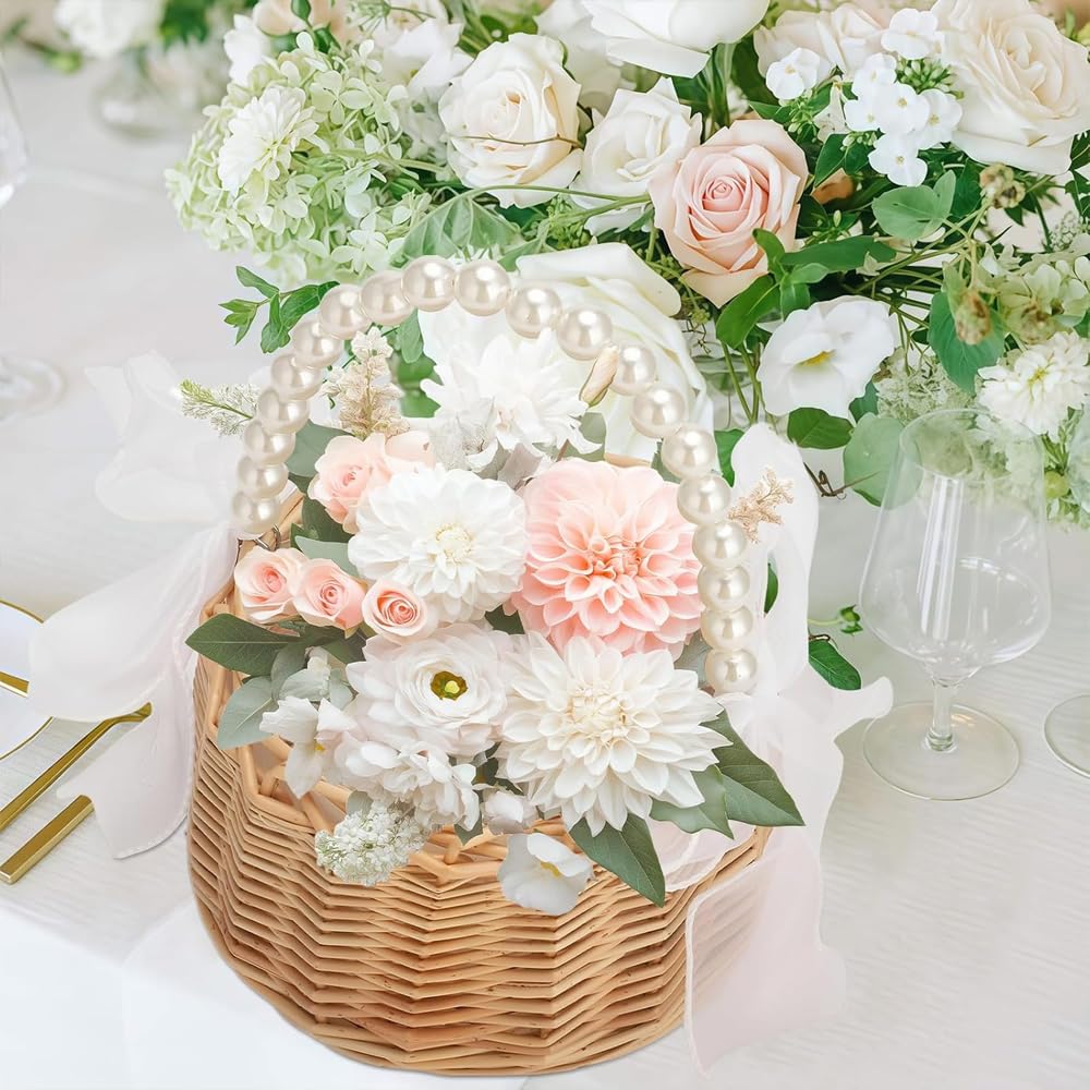Wicker Rattan Flower Girl Basket Wedding Small with Pearl Handle and White Bow Fairy Handwoven for Home Decorations