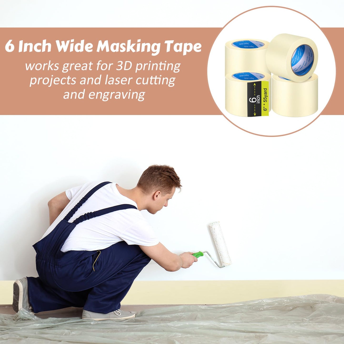 Masking Tape Bulk General Purpose Masking Painting Tape 55 Yards for Painting Home Office School Stationery Arts Crafts Basic Use, Easy Removal(3 Rolls,6 Inch)