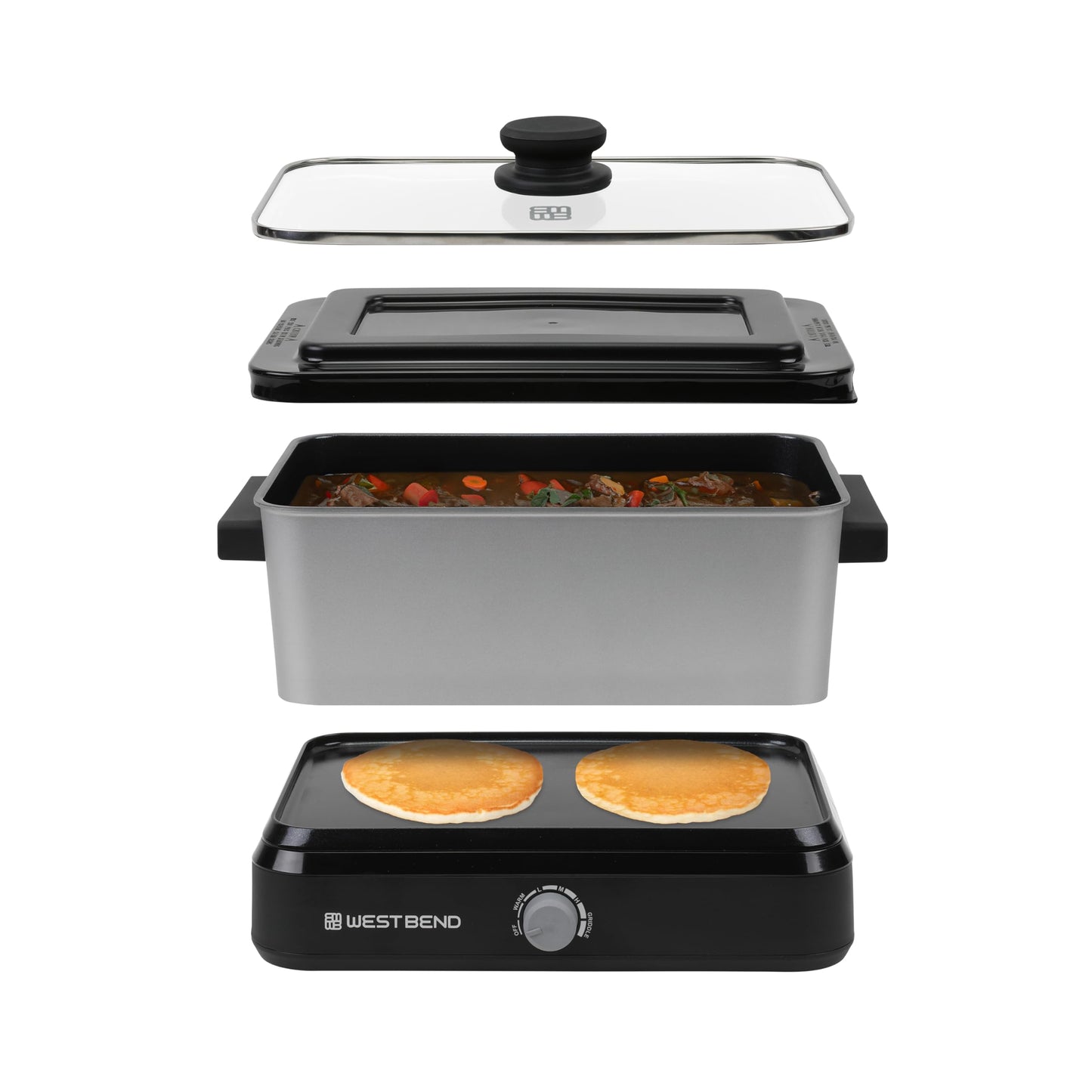 West Bend 87905 Large Capacity Non-Stick Versatility Slow Cooker with 5 Temperature Control Settings Dishwasher Safe Includes A Travel Lid & Thermal Carrying Case, 5-Quart, Silver