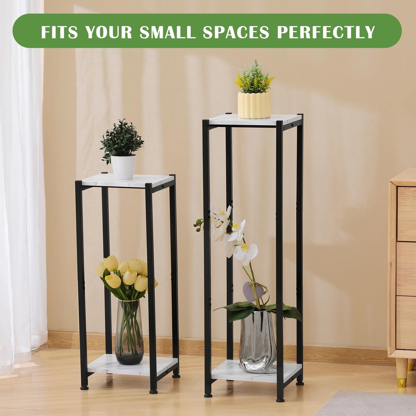 Dipion Extra Tall Plant Stand Indoor,40 Inch Plant Stands,2 Tier Metal Plant Stand with Heavy Duty Wood,Marble White and Black