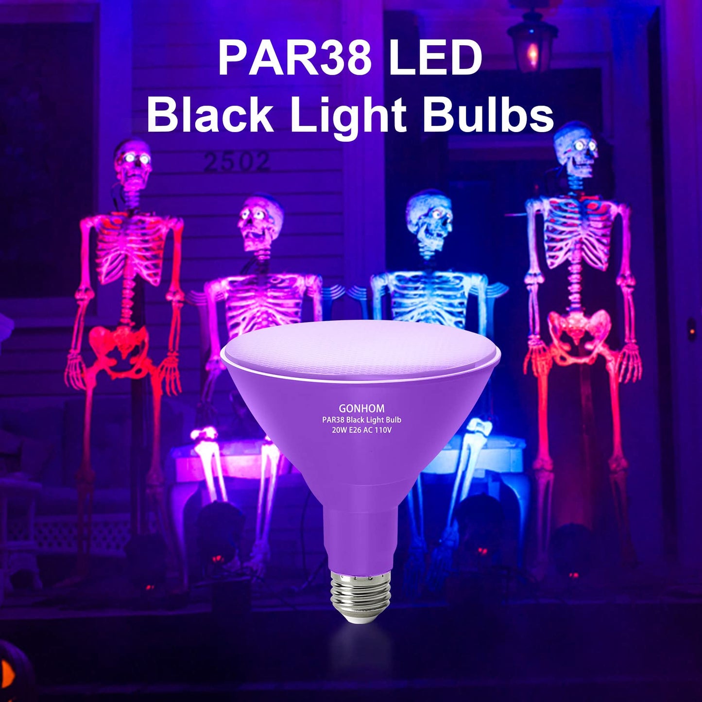 Gonhom 2 Pack PAR38 LED Black Light Bulbs, 20W Replace to 200W Blacklight Bulb, E26 Base 110V,UVA Level 385-400nm, Glow in The Dark for Blacklights Party, Body Paint, Neon Glow,Fluorescent Poster