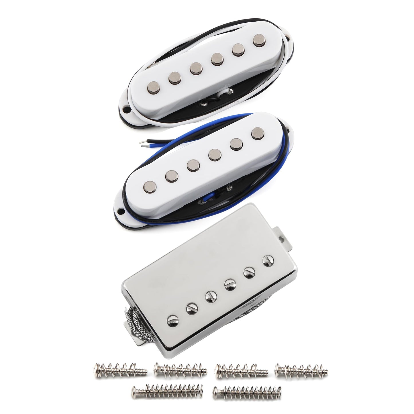 FLEOR Alnico 5 Flat Pole Single Coil Pickup and Covered Humbucker Set White HSS N+M+B Pickups for Strat Style Guitar