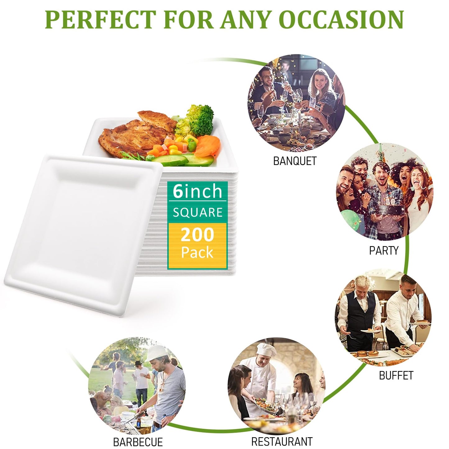 200 pcs Biodegradable Disposable Paper Plates, White 6 inch Square Paper Plate Heavy Duty, Eco Friendly Disposable Plates, Compostable Disposable Dinner Plates for Party, Picnic